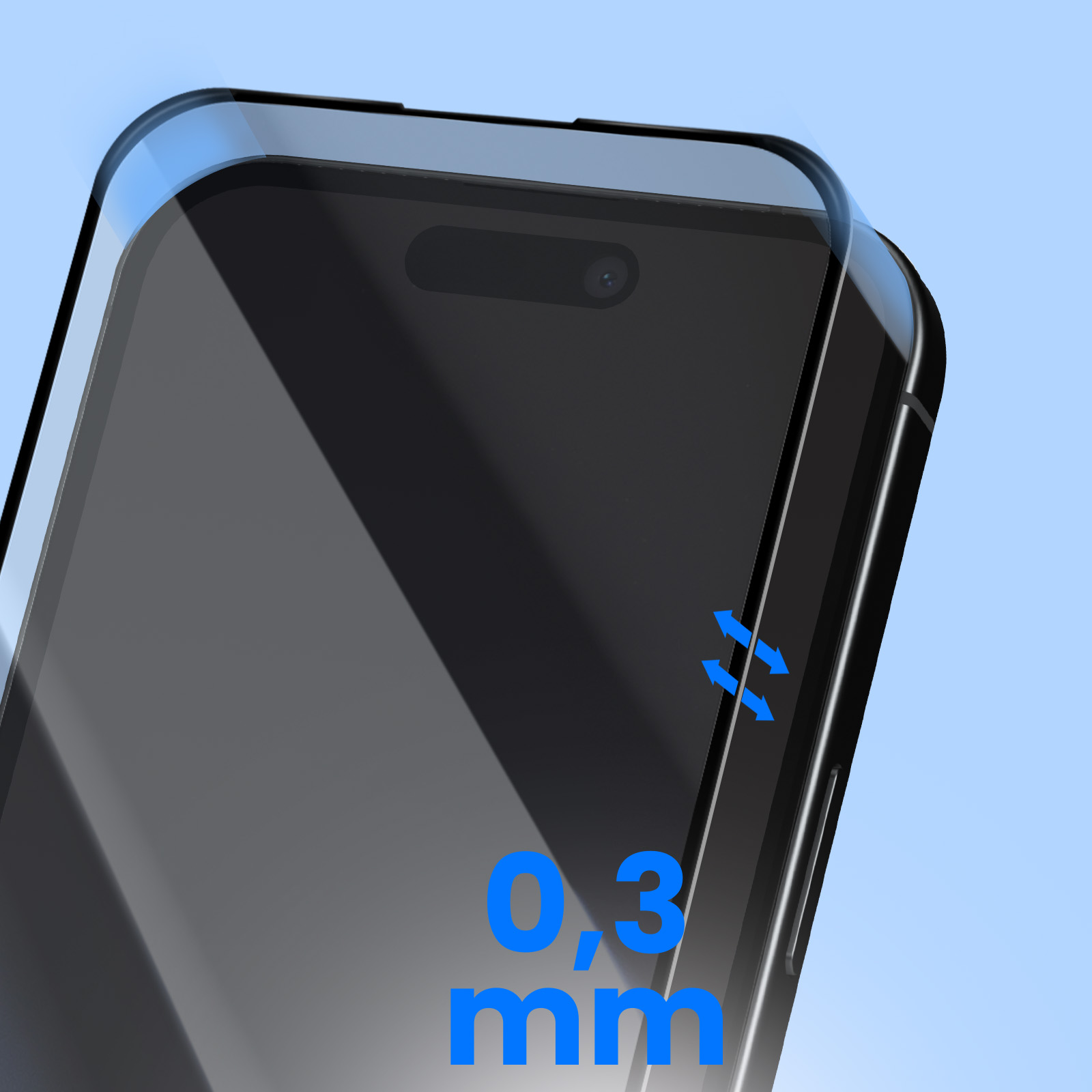 Uno smartphone con protezione schermo. Lo schermo è scuro e la protezione trasparente. Frecce e testo blu indicano lo spessore.