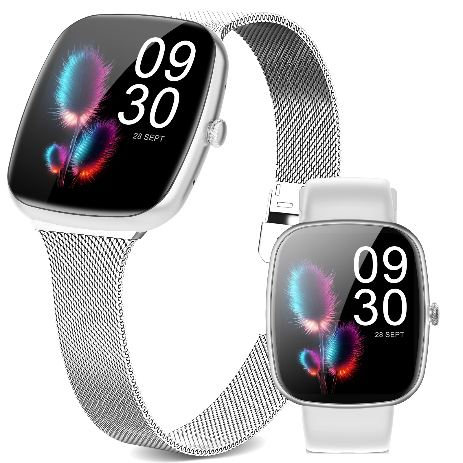 Zwei Smartwatches mit silbernen Mesh-Armbändern, die eine farbenfrohe Grafik und Zeit anzeigen, auf Weiß.