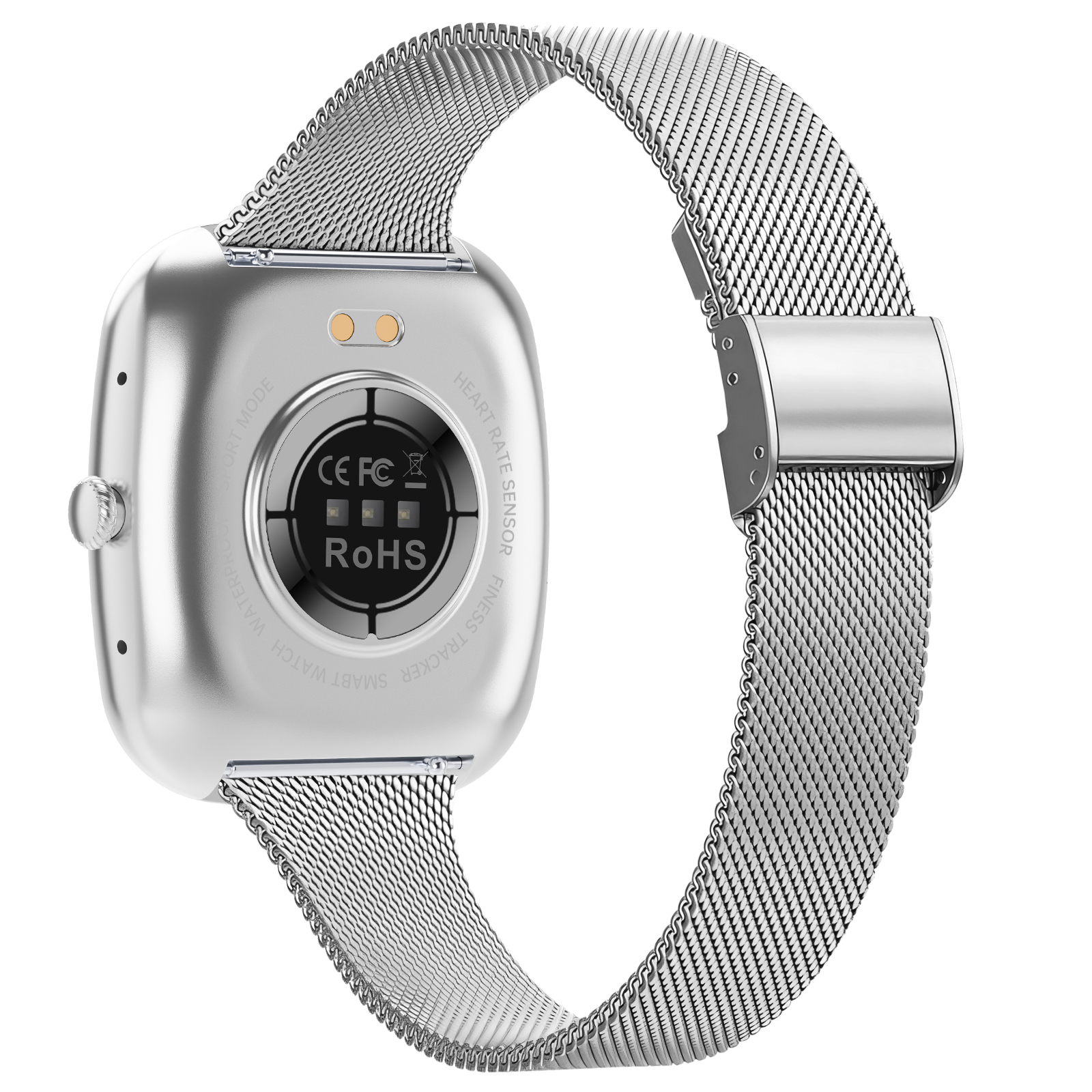 Silberne Smartwatch mit Edelstahlarmband und schwarzer Sensorrückseite.