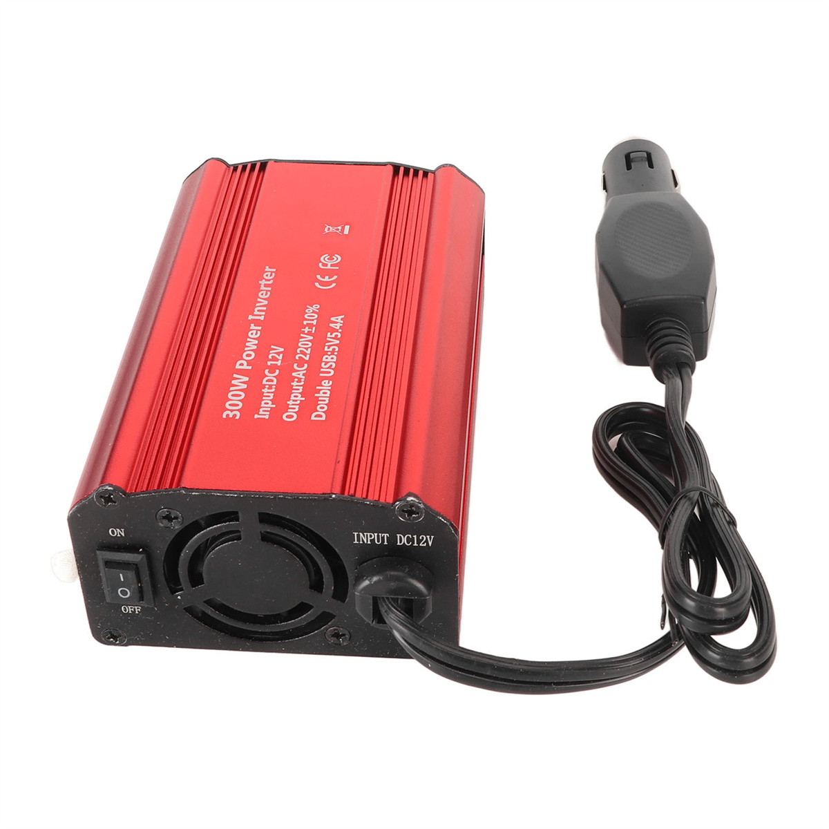 Roter 300-W-Wechselrichter mit schwarzem Stecker und Kabel. Ein/Aus-Schalter ist sichtbar.