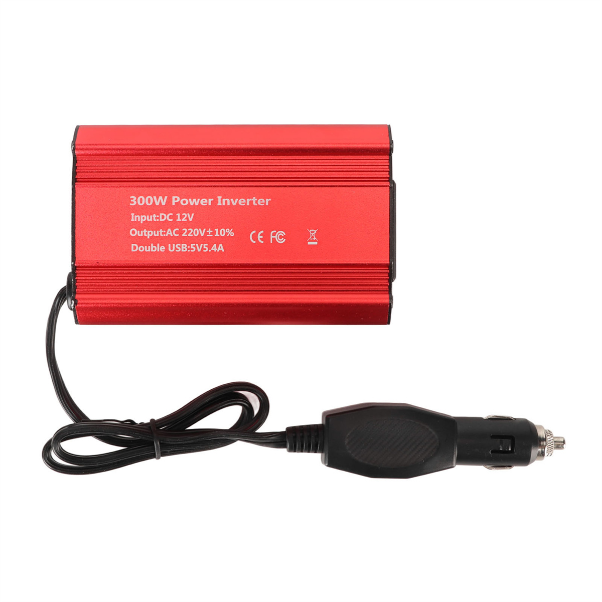 Ein roter 300W Wechselrichter mit Autoladegerätstecker und Kabel, auf weißem Hintergrund.