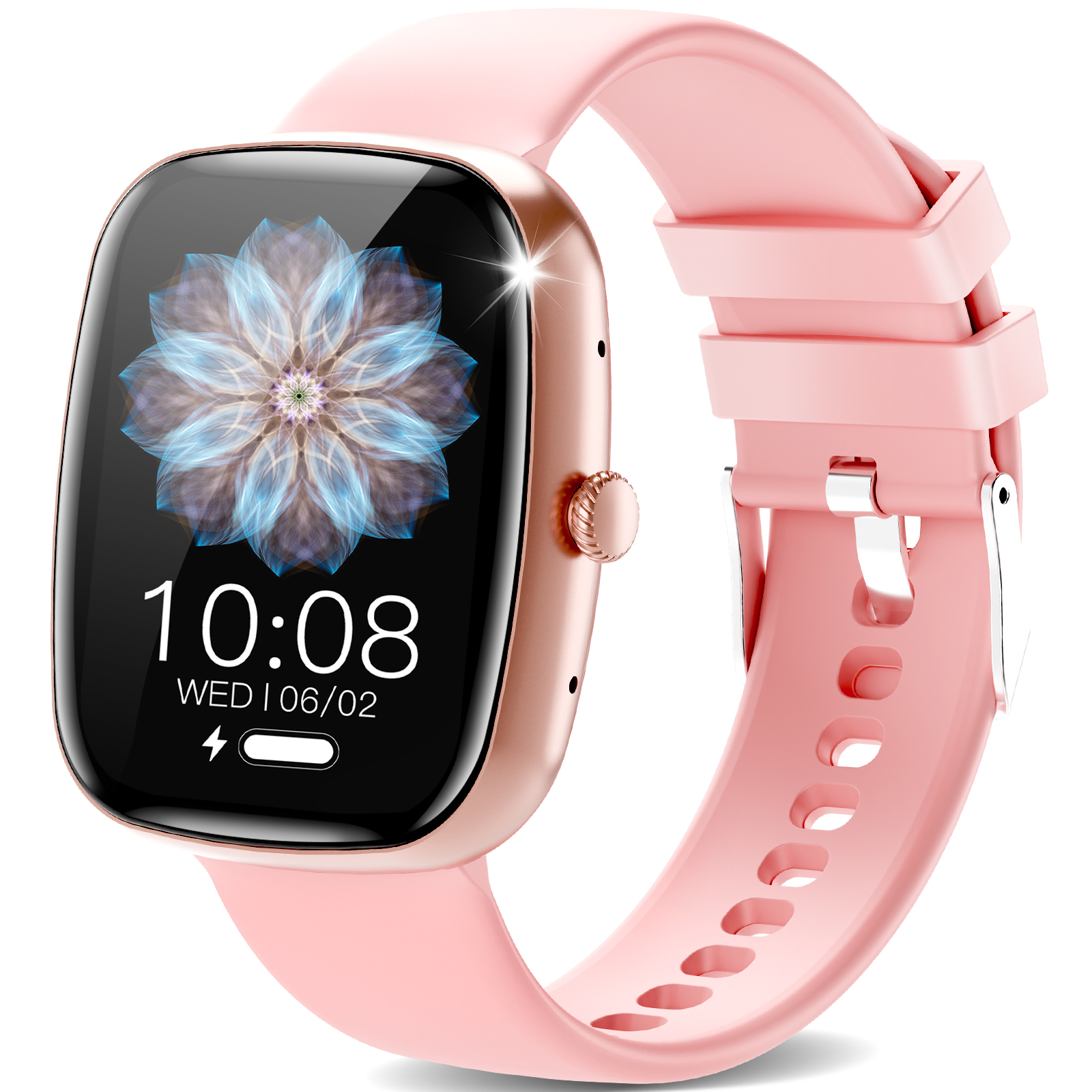 Rosafarbene Smartwatch mit rosa Armband, zeigt die Uhrzeit und ein Blumendesign.