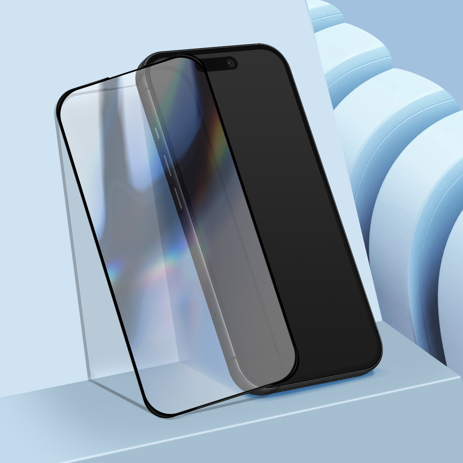 Uno smartphone con protezione schermo, su sfondo azzurro con elementi di design curvi e astratti.