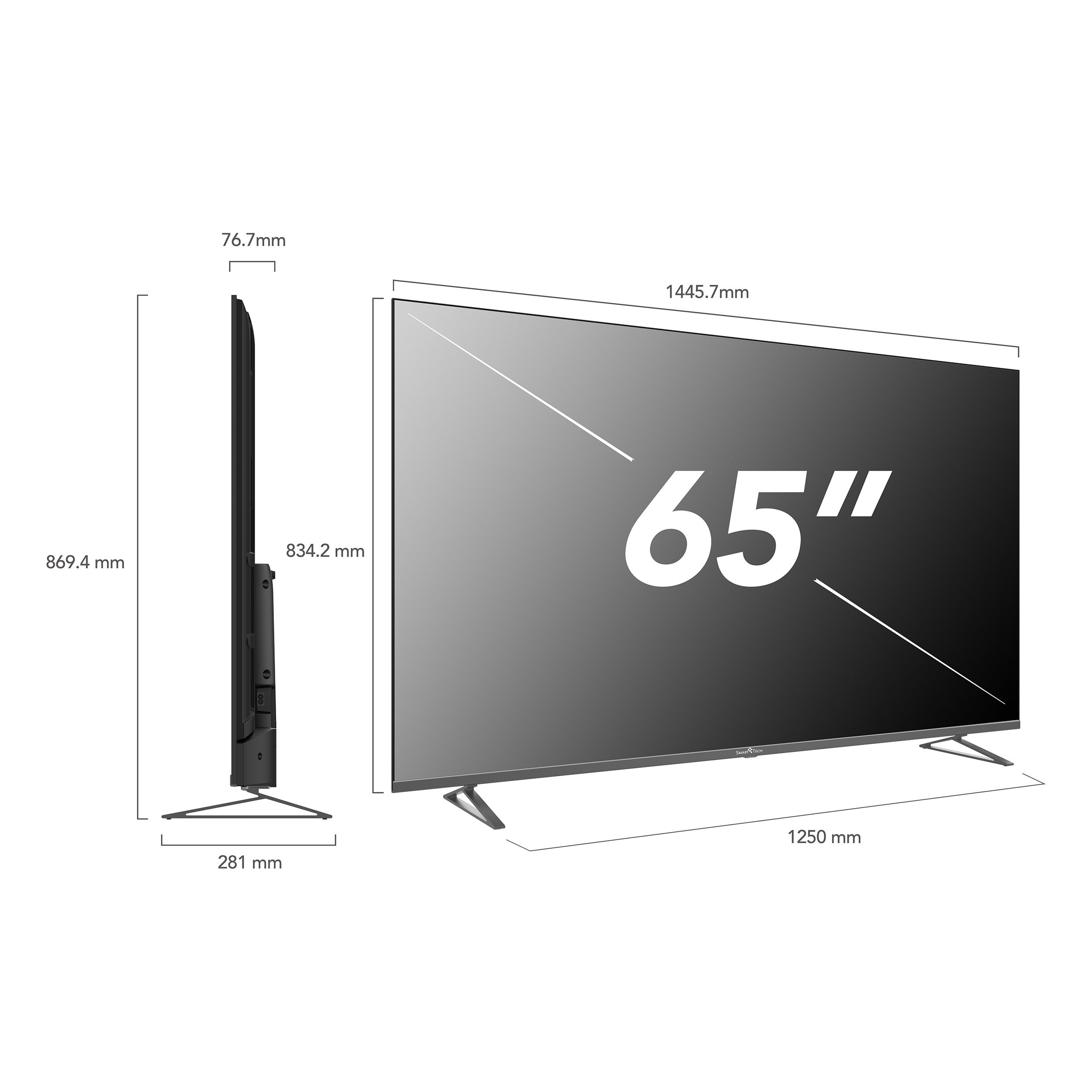 Telewizor 65-calowy na białym tle, z wymiarami i pomiarami wyświetlanymi na ekranie.