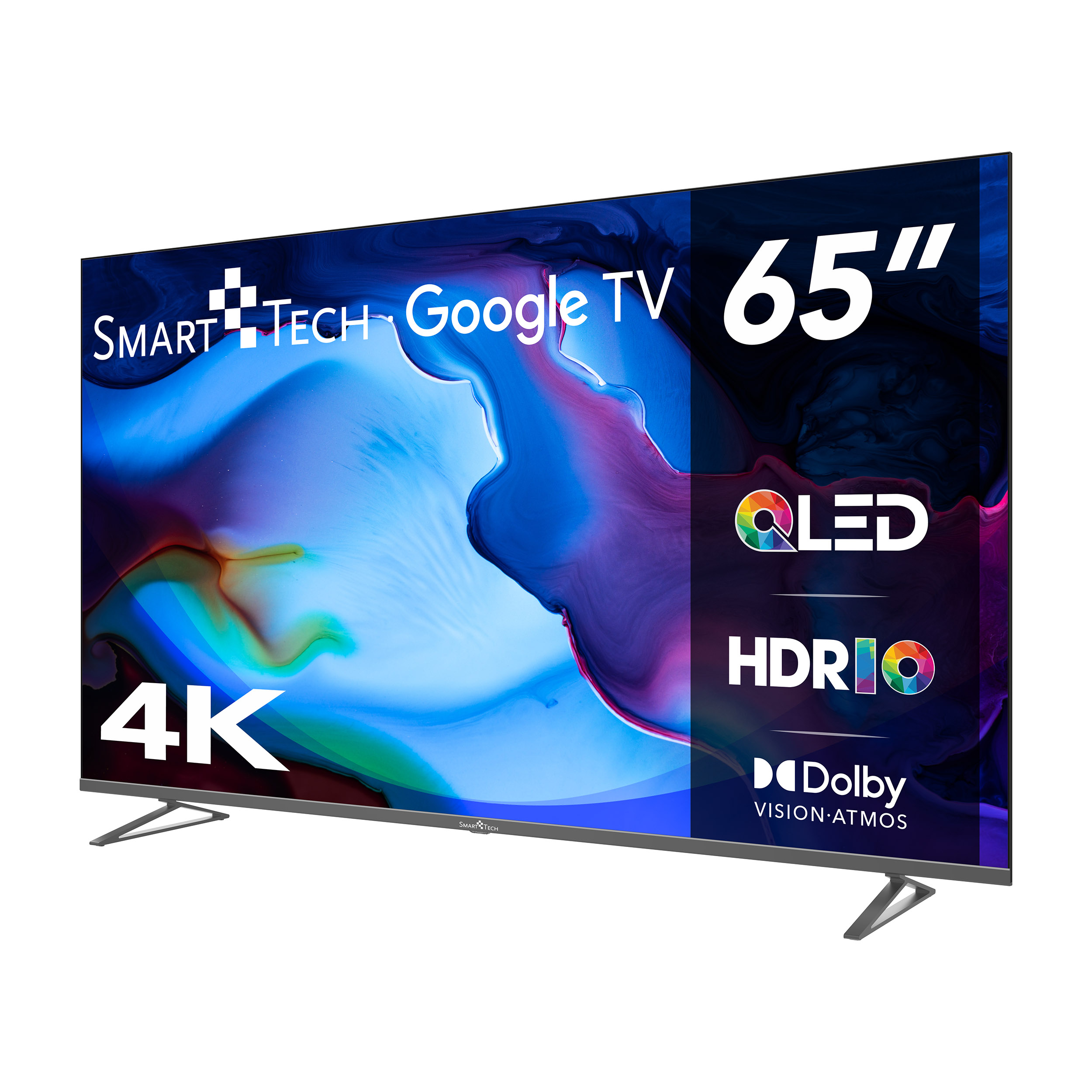 65-calowy Smart TV z logo Google TV, QLED, HDR i etykietami Dolby Vision-Atmos.