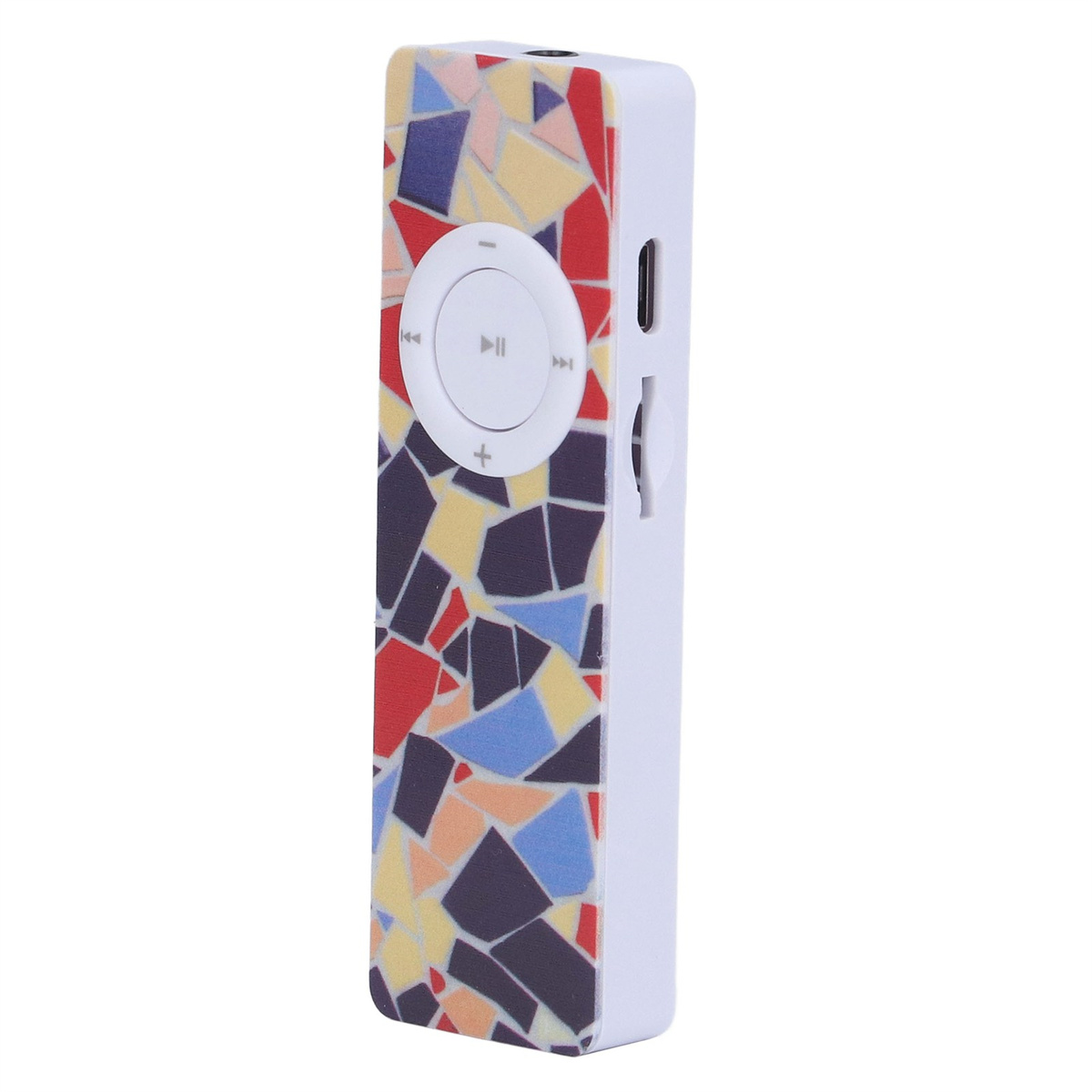 Ein weißer MP3-Player mit farbenfrohem Mosaikmuster. Er hat eine kreisförmige Steuerung und Tasten.