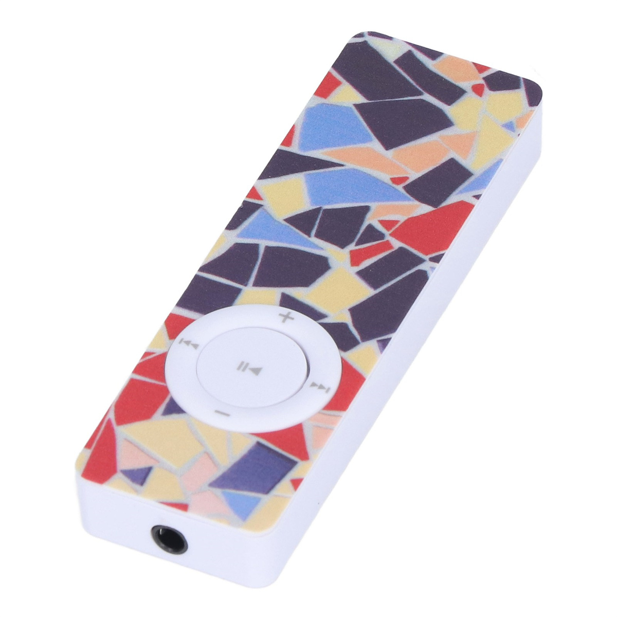 Weißer MP3-Player mit farbenfrohem Mosaikdesign, weißer Taste und schwarzem Anschluss auf weißem Hintergrund.