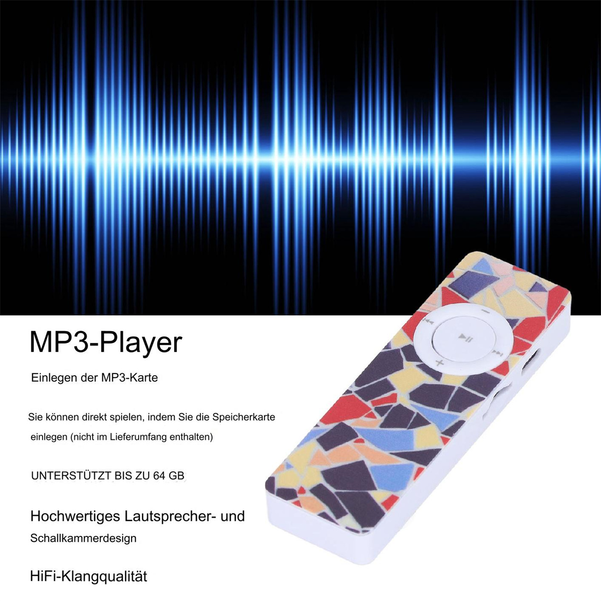 MP3-Player mit farbenfrohem Design. Der Player ist weiß mit Knöpfen und einem Display.