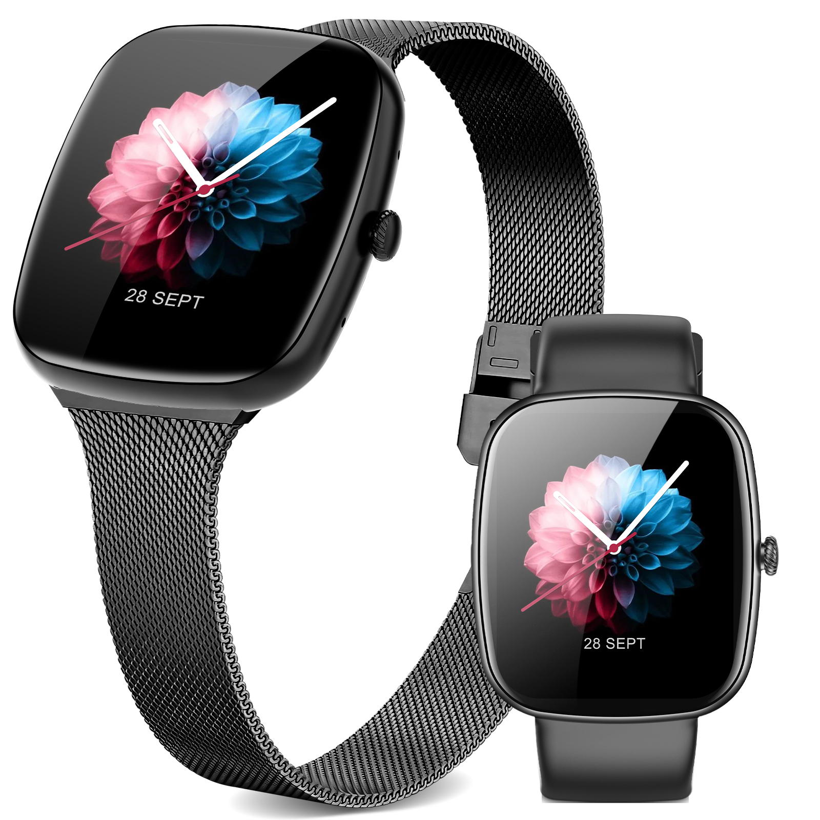 Eine schwarze Smartwatch mit schwarzem Armband und eine kleinere.