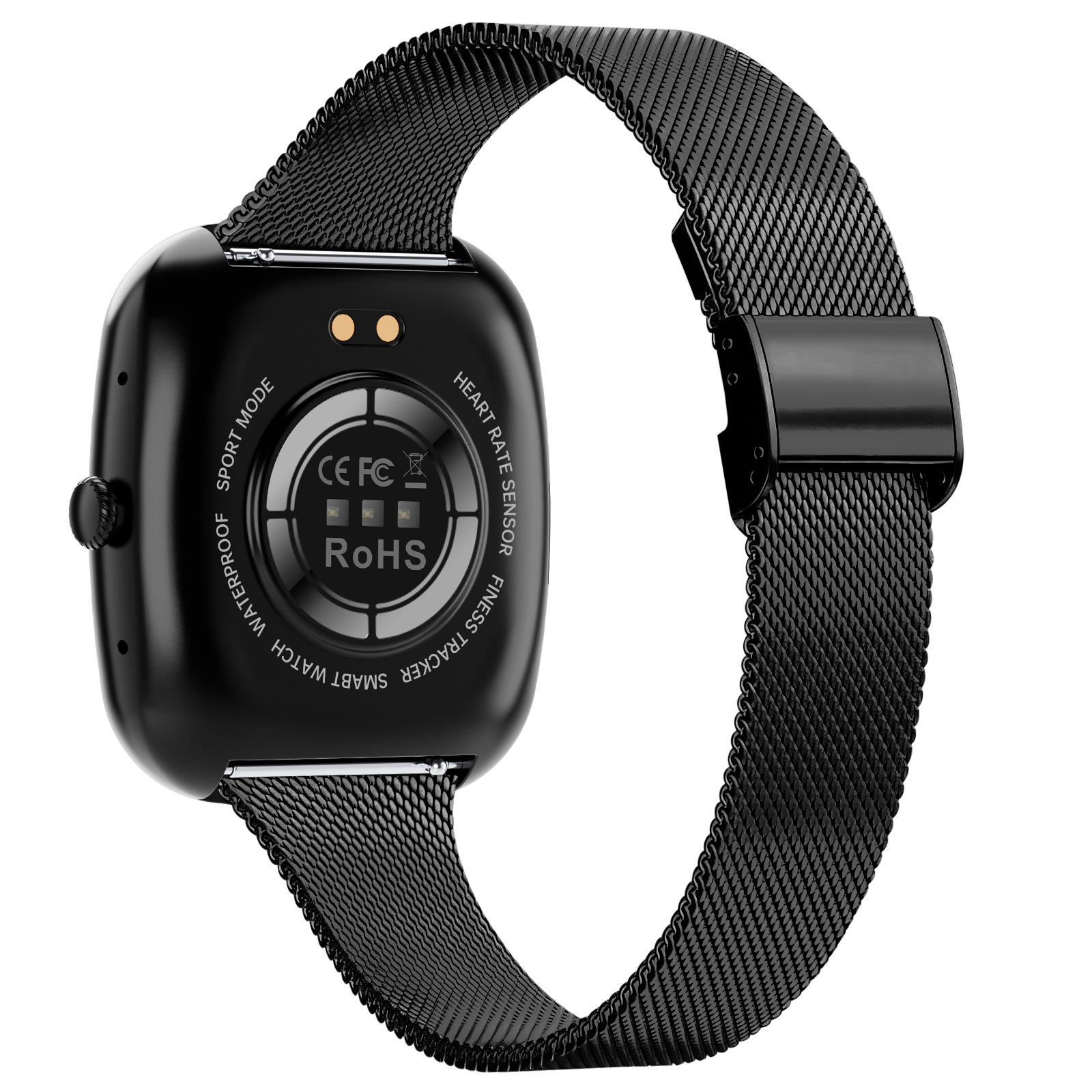 Schwarze Smartwatch mit Mesh-Armband, Rückseite zeigt Sensoren und Spezifikationen.