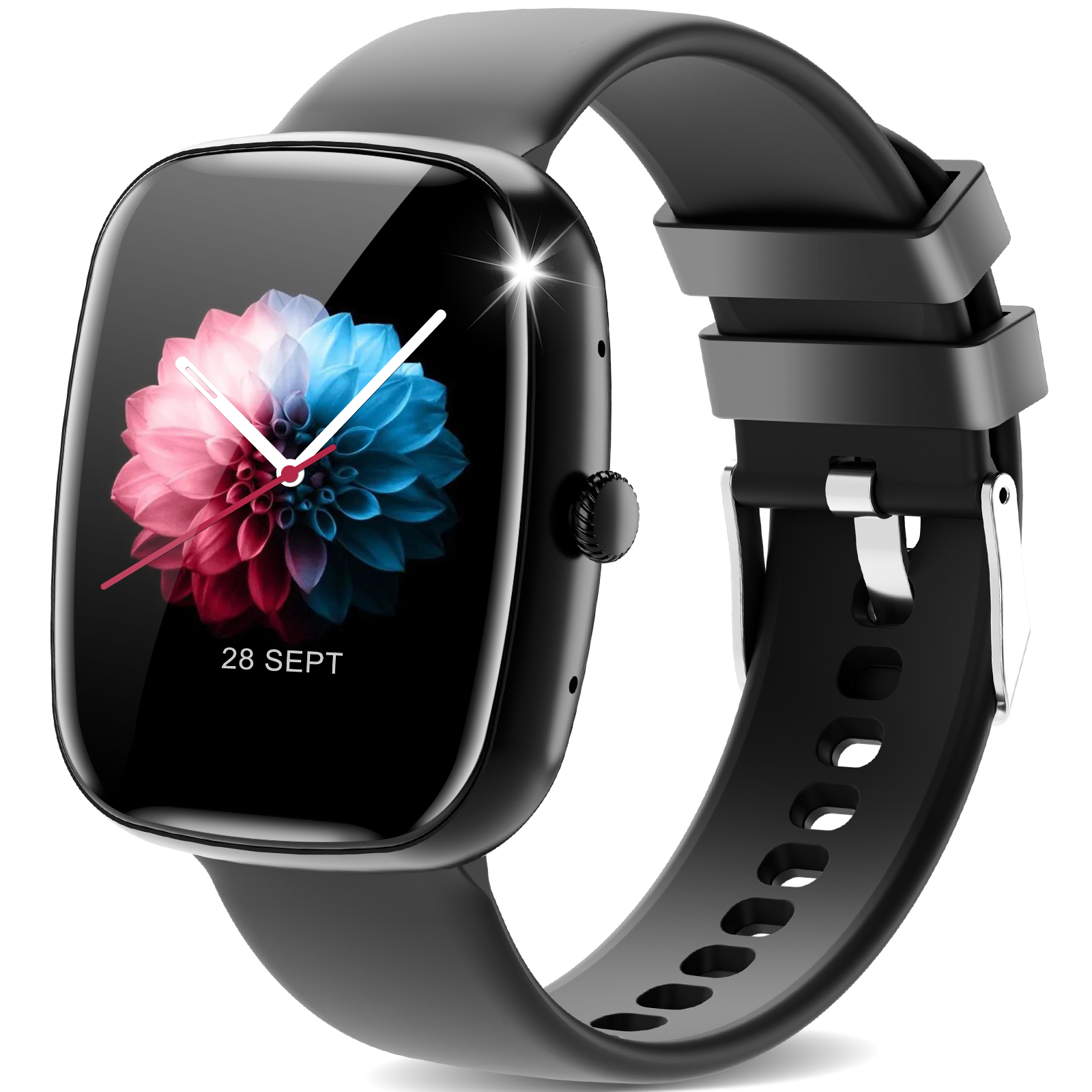 Schwarze Smartwatch mit schwarzem Armband. Das Zifferblatt zeigt ein Blumenbild und das Datum.