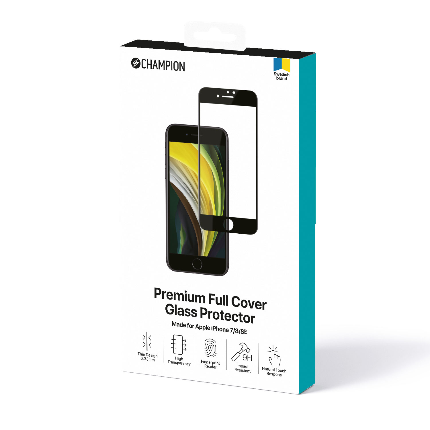Una scatola di protezione per lo schermo del telefono. Dice 'CHAMPION' e mostra un telefono e caratteristiche come 'Thin Design', 'Impact Resistant'.