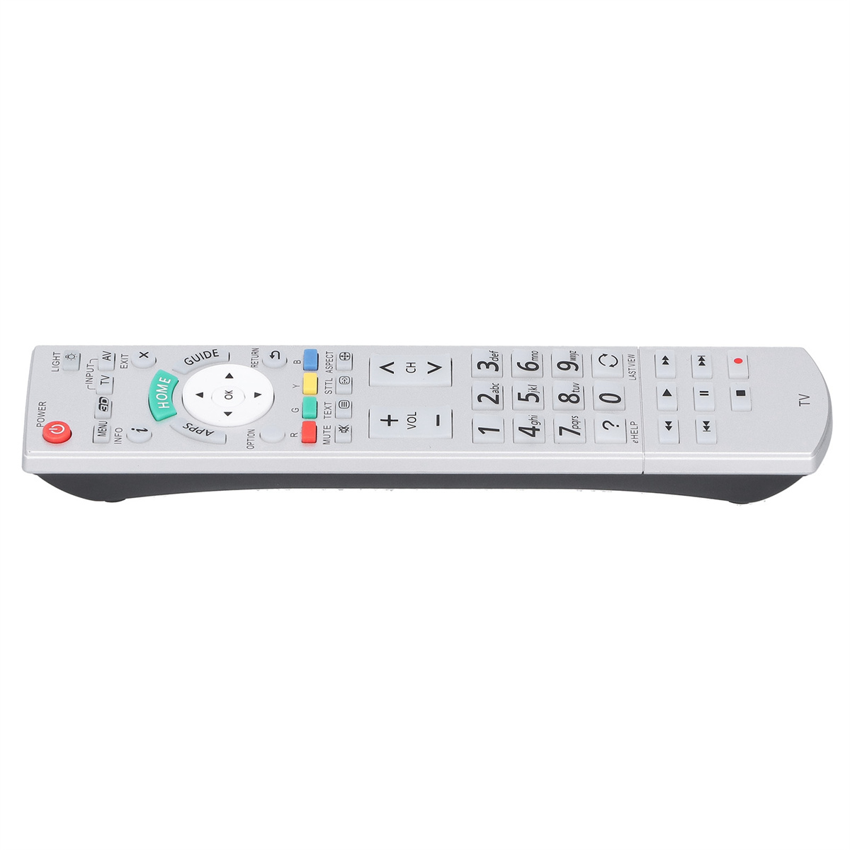 Eine silberne TV-Fernbedienung mit Tasten und Beschriftungen.