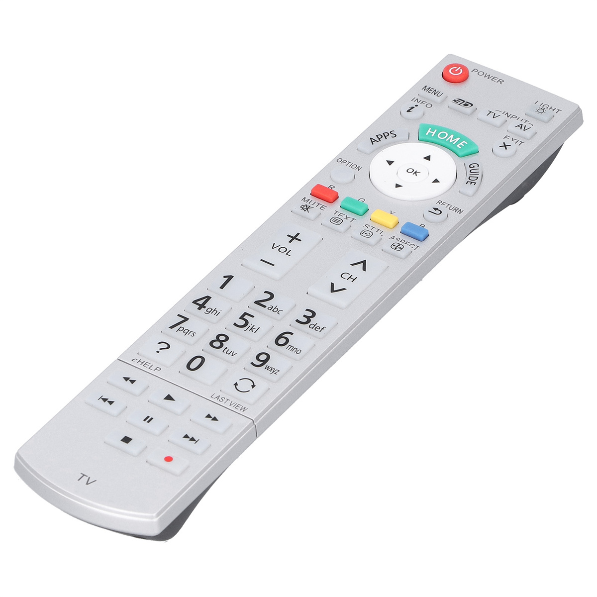 Silberne TV-Fernbedienung mit vielen Tasten und Beschriftungen, für Kanal-, Lautstärke- und Menüsteuerung.