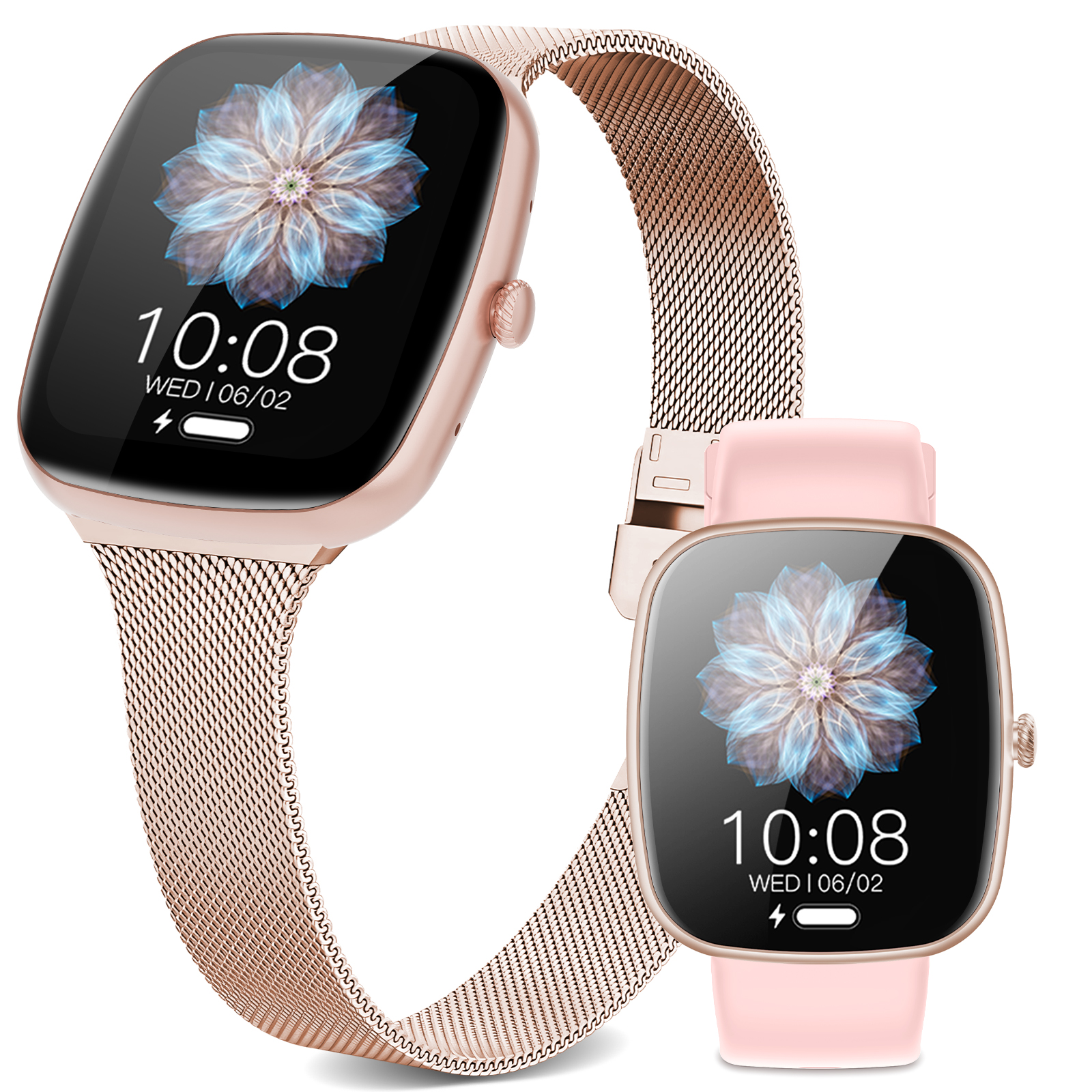 Zwei roségoldene Smartwatches mit Mesh-Armbändern, die Zeit und eine Blumengrafik anzeigen, auf Weiß.