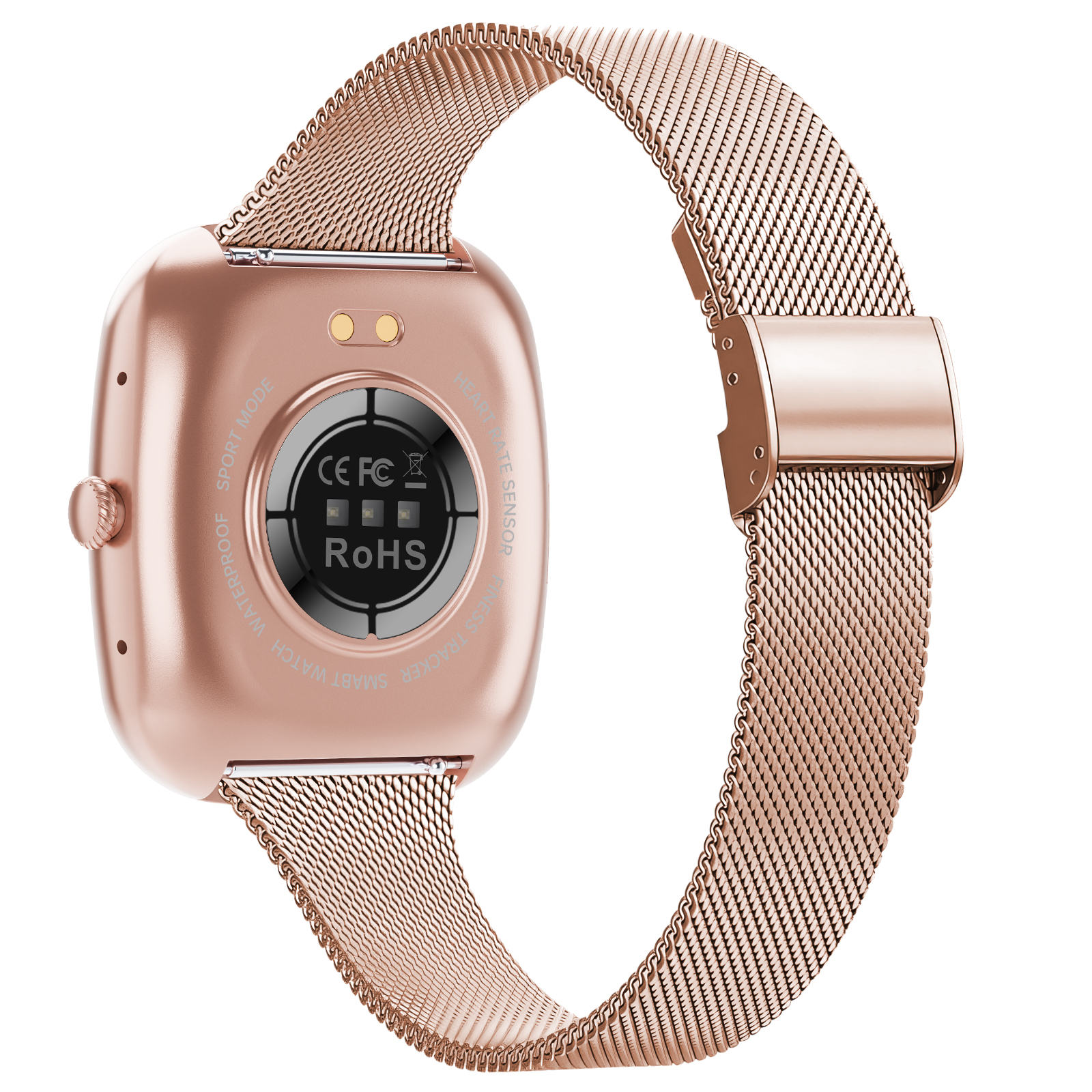 Roségoldene Smartwatch mit Mesh-Armband und Blick auf die Unterseite.