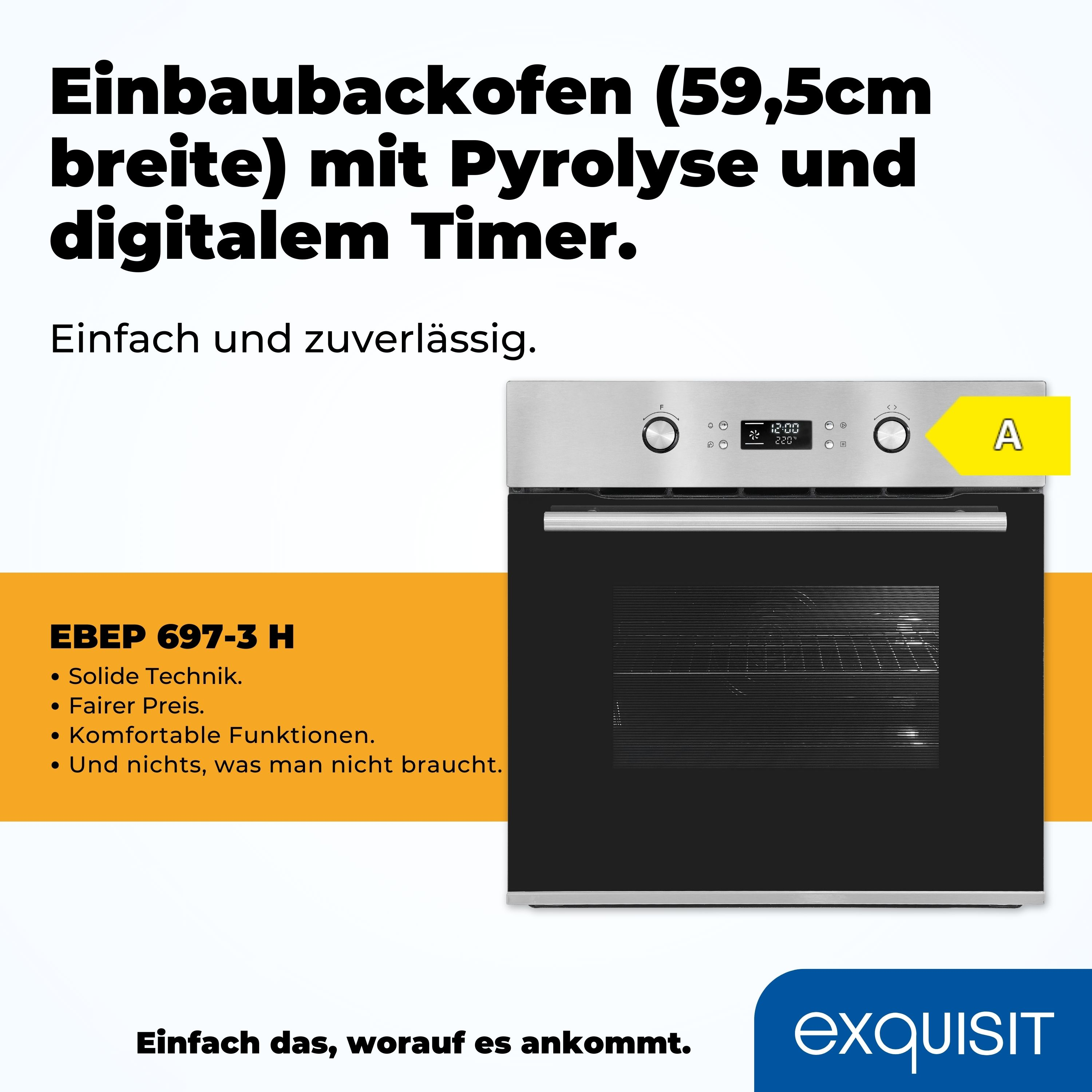 Ofenwerbung. Edelstahlbackofen mit schwarzer Tür. Text beschreibt Funktionen und Energieeffizienz A.