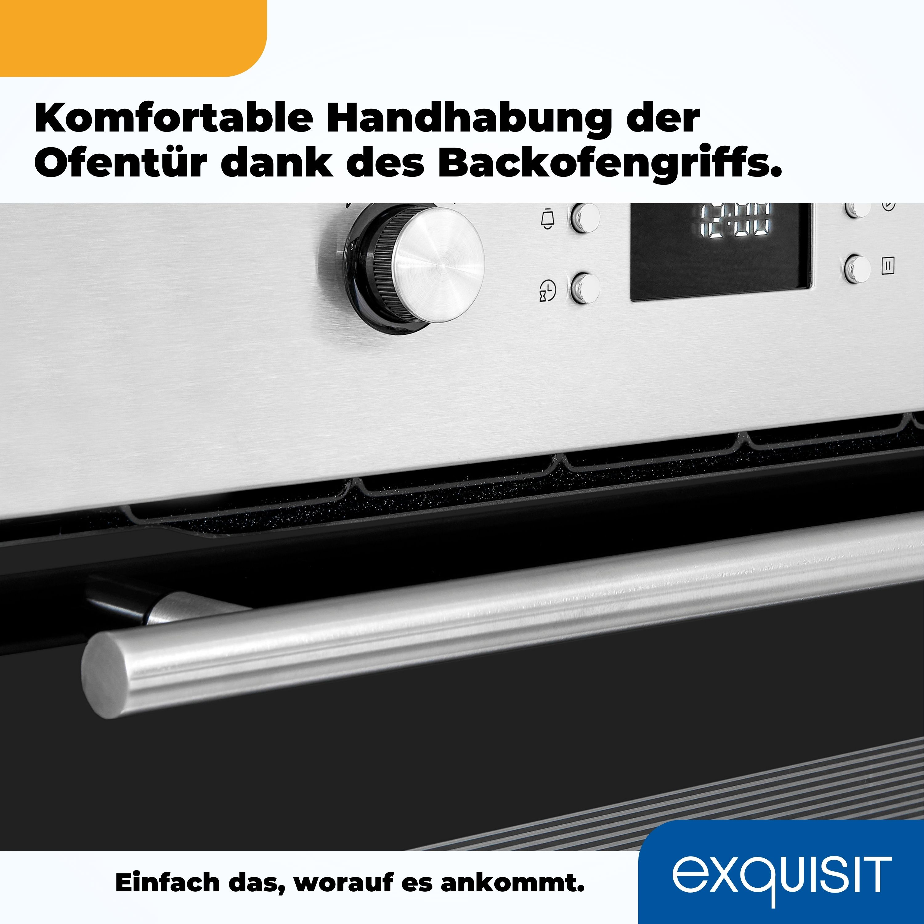 Backofen-Bedienfeld mit Drehknopf, Digitalanzeige und Griff. Text auf Deutsch oben und unten.
