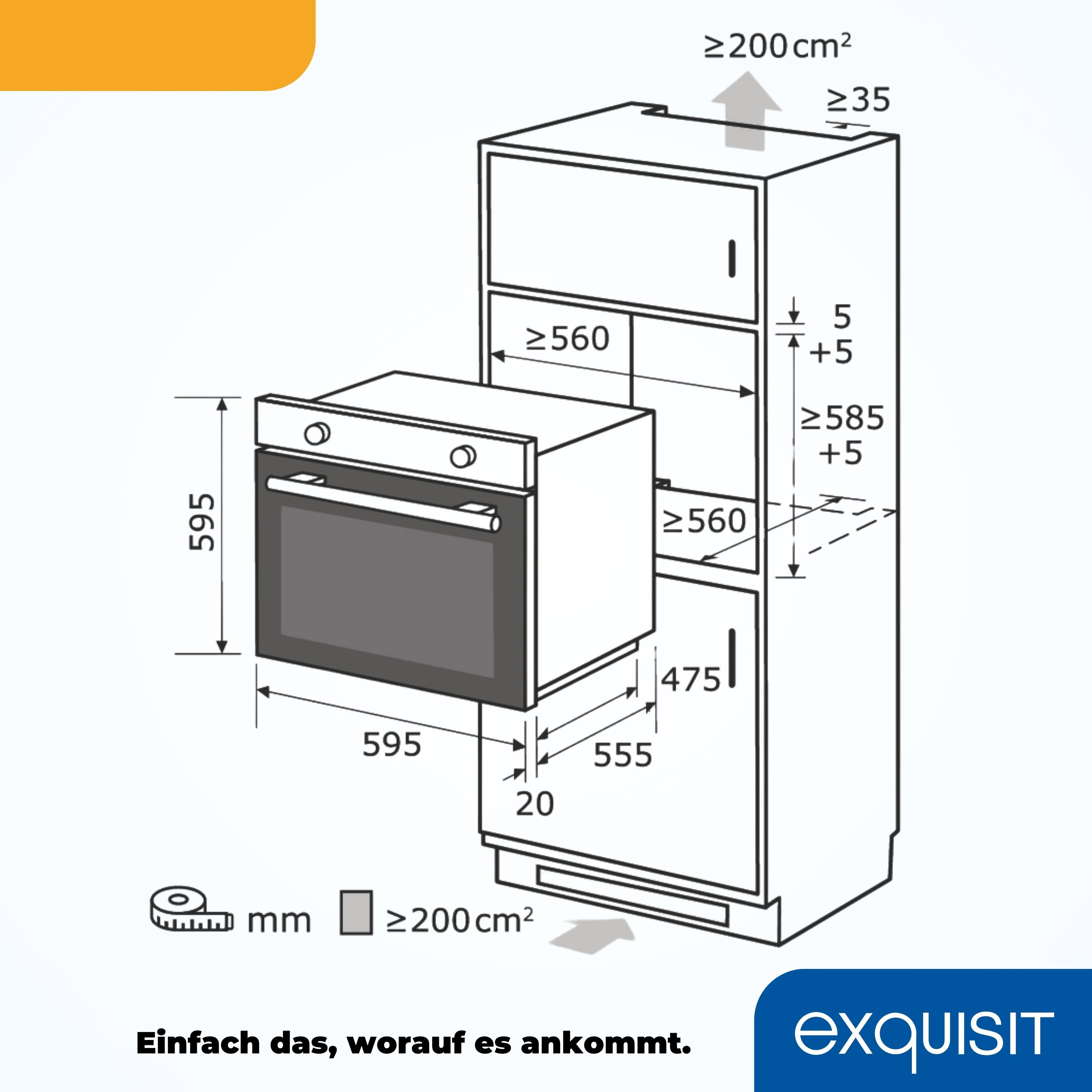 Ein Backofen in einem Schrank mit angegebenen Abmessungen auf der linken und rechten Seite.