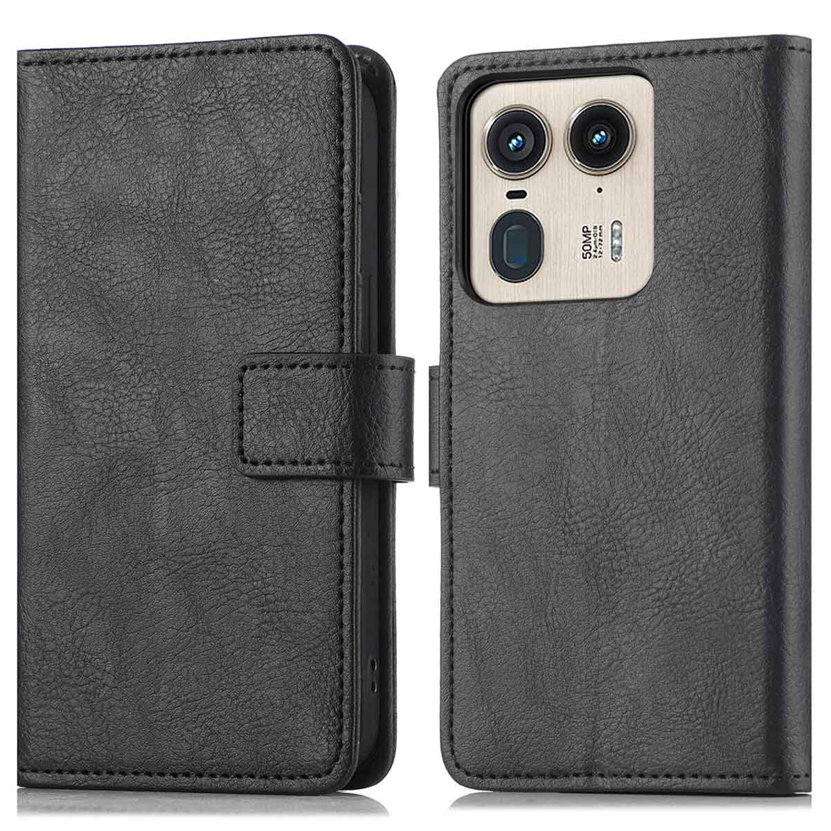 Zwarte telefoonhoes met een flip cover, toont de telefoon en de cover.
