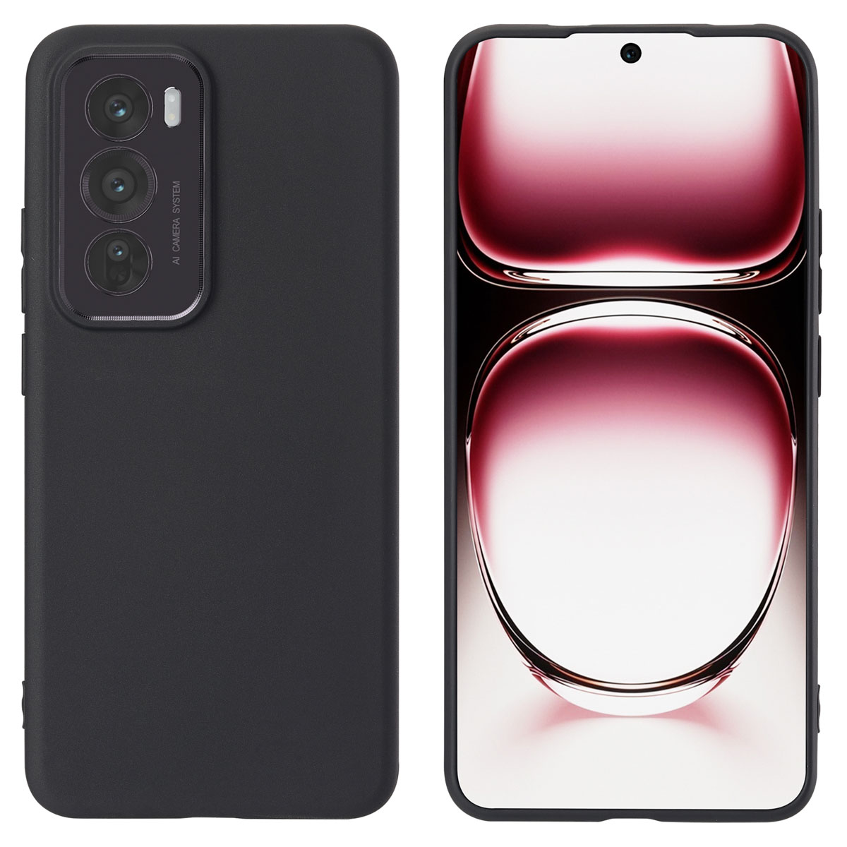 Un téléphone noir avec un étui à gauche et l'écran à droite.