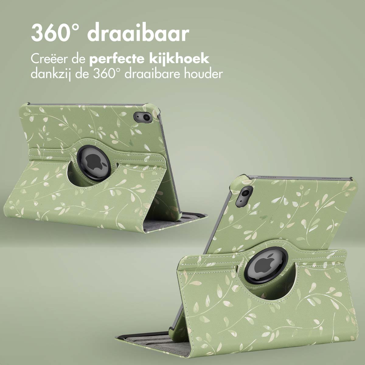 Two tablets in green cases with leaf patterns. Text: 360° rotatable.