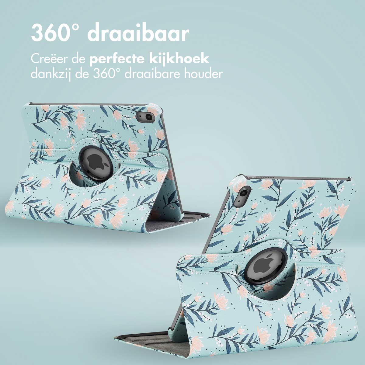 A tablet case with a floral design. The case rotates 360 degrees, with the Apple logo visible on the back.