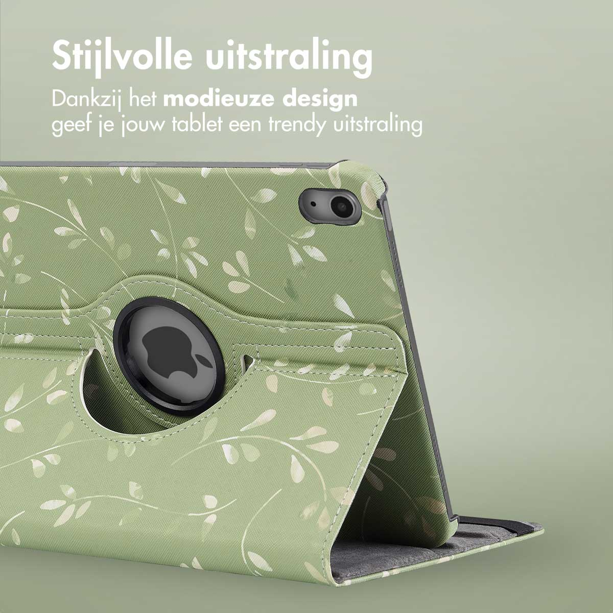 Green tablet case with leaf pattern, open, showing the tablet's screen and camera.