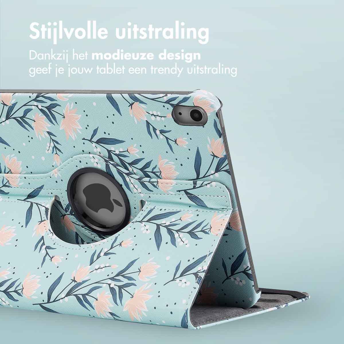 A tablet with a flowery case on a light blue background. Text says 'Stijlvolle uitstraling'.