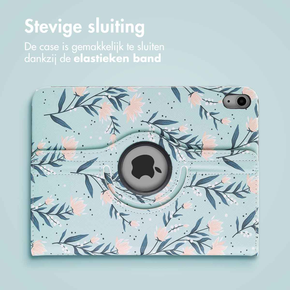 Tablet case with floral print. Has a strap. Blue and pink flowers on a light blue background.