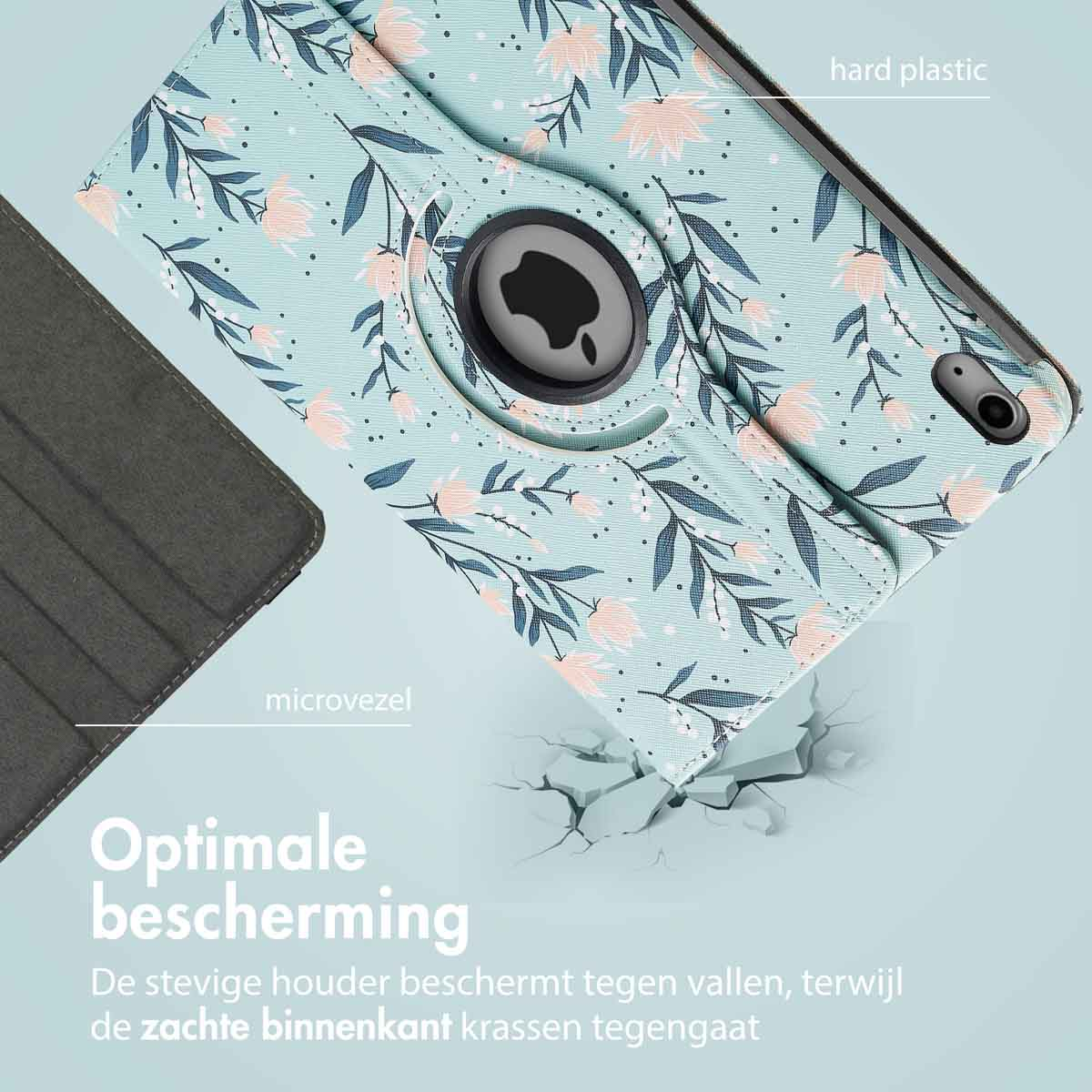 Tablet case with floral pattern. The case has a rotating stand. A gray tablet is shown on the left.