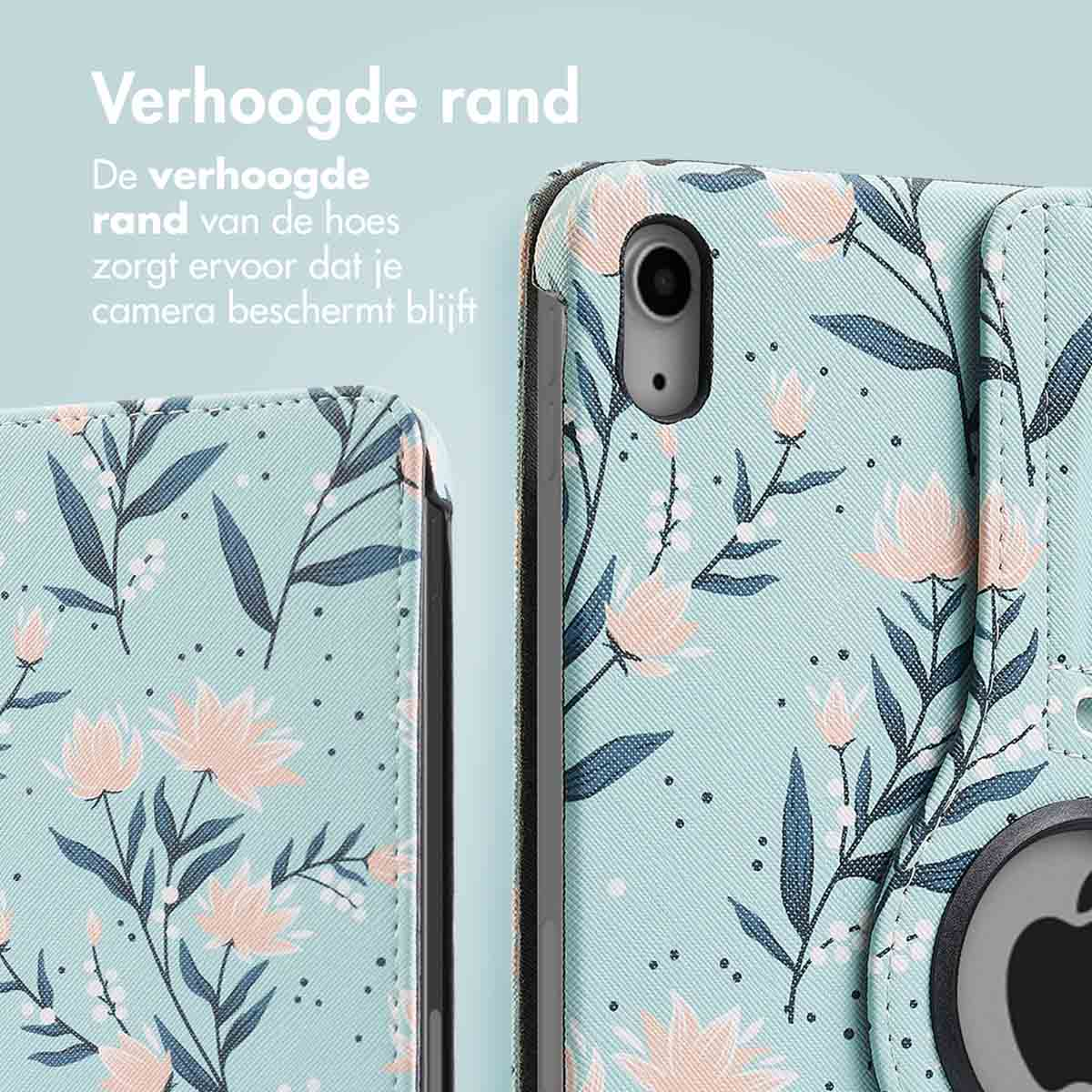 Close-up of a phone case with a floral pattern. Text: The raised edge protects the camera.