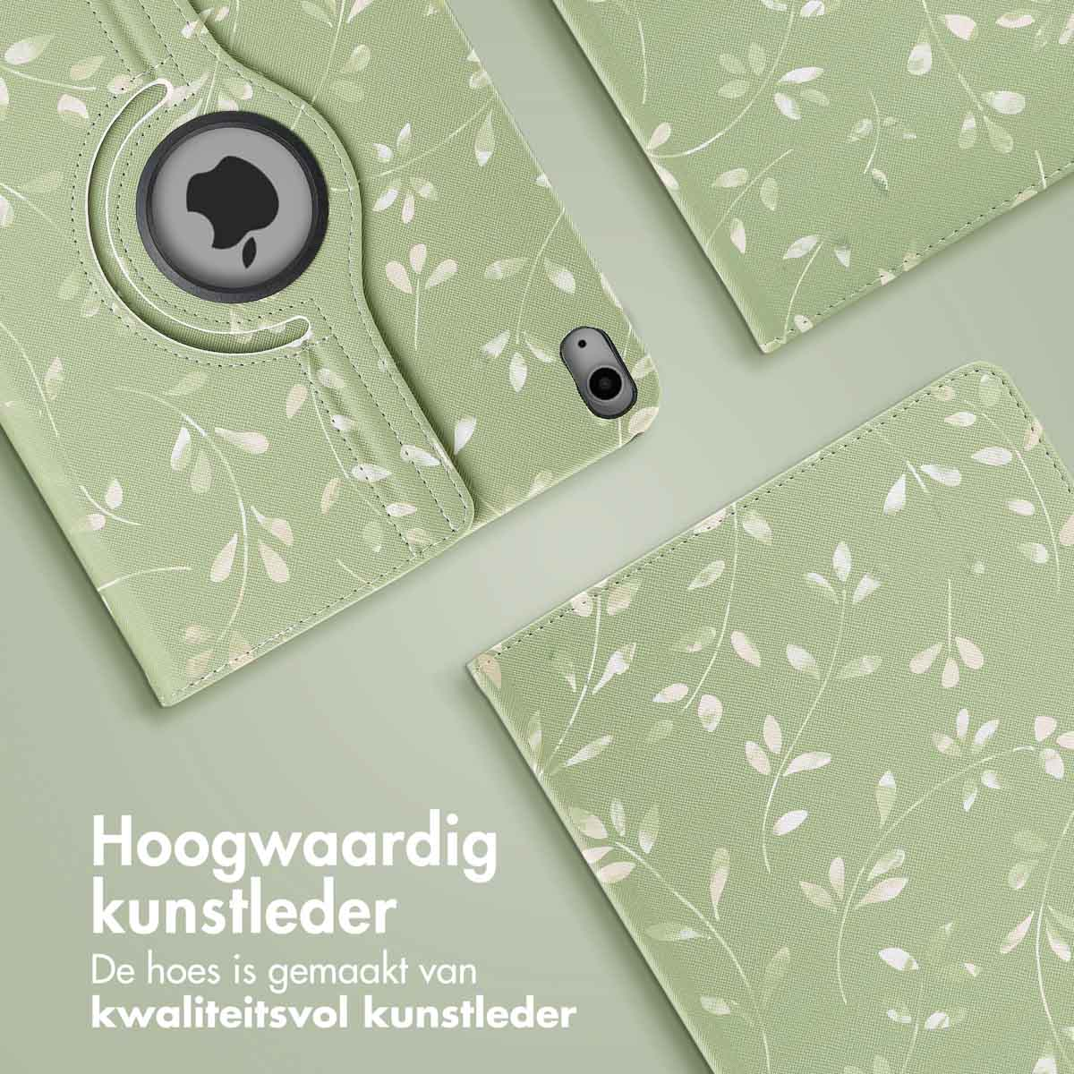 Green tablet case with a leaf pattern. The case has the Apple logo.