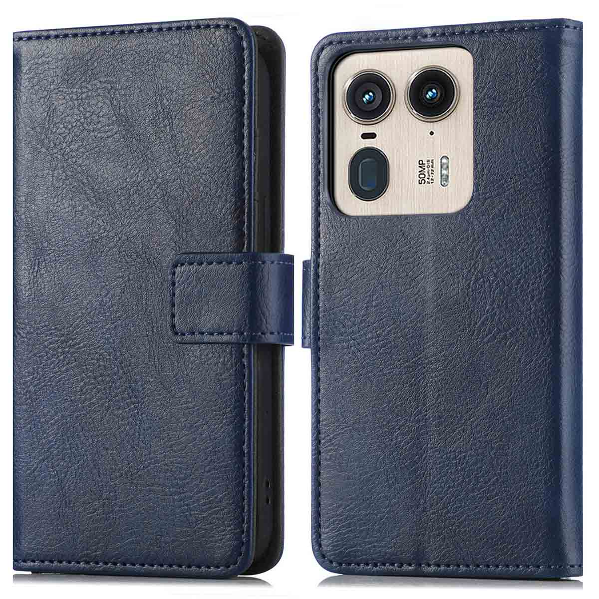 Un étui de téléphone bleu, ouvert pour révéler un téléphone. Le téléphone a un appareil photo et un écran.