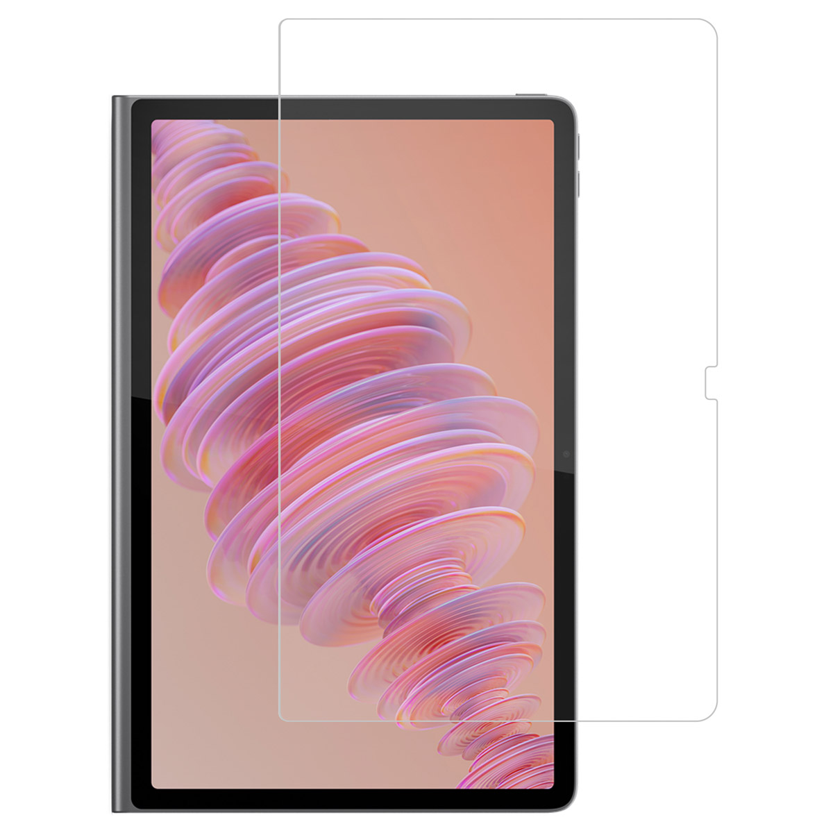 Tablet met een schermbeschermer die wordt aangebracht. Toont een kleurrijke, abstracte achtergrondafbeelding.