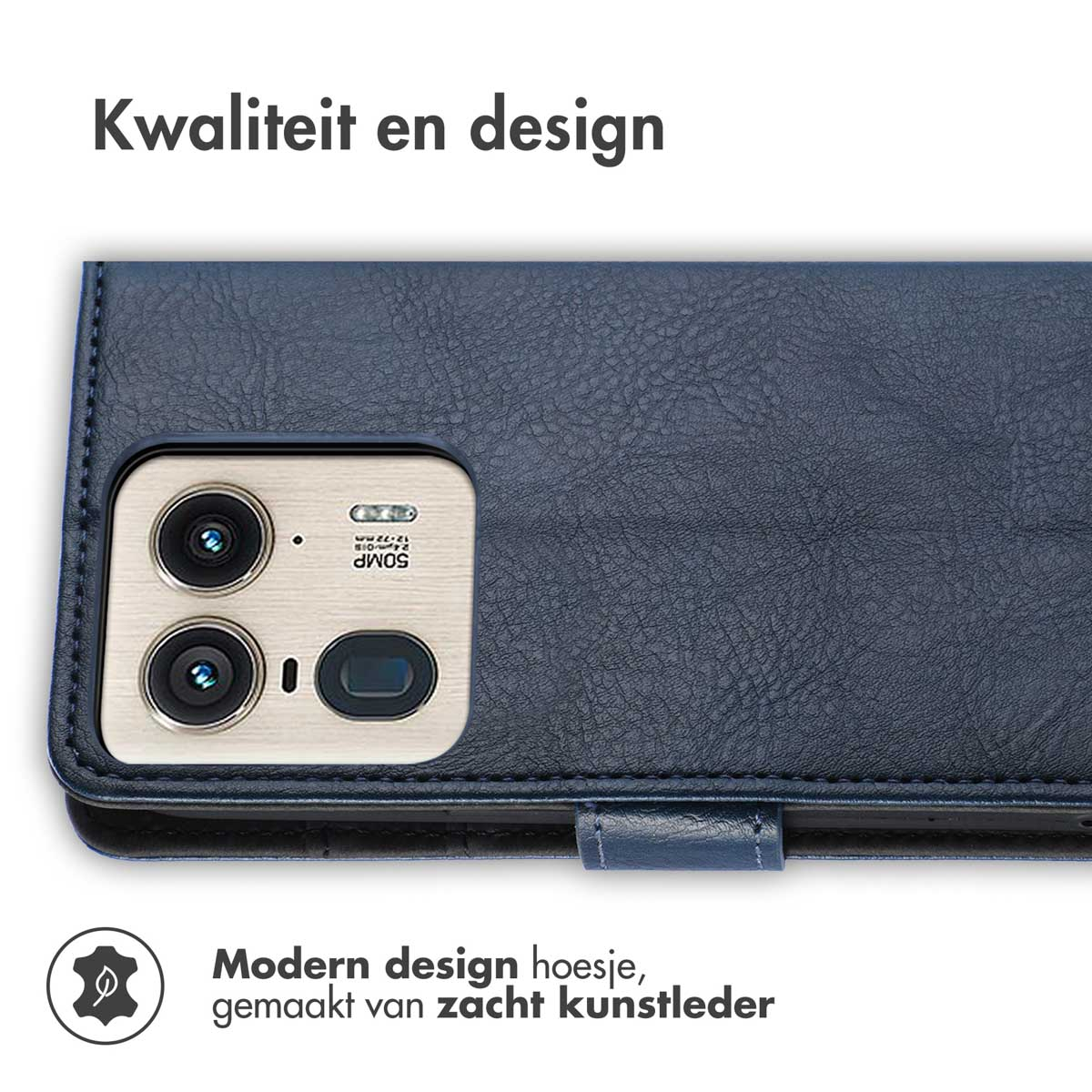 Étui de téléphone avec une texture de cuir bleu foncé, avec les détails de l'appareil photo. Texte : Qualité et design.