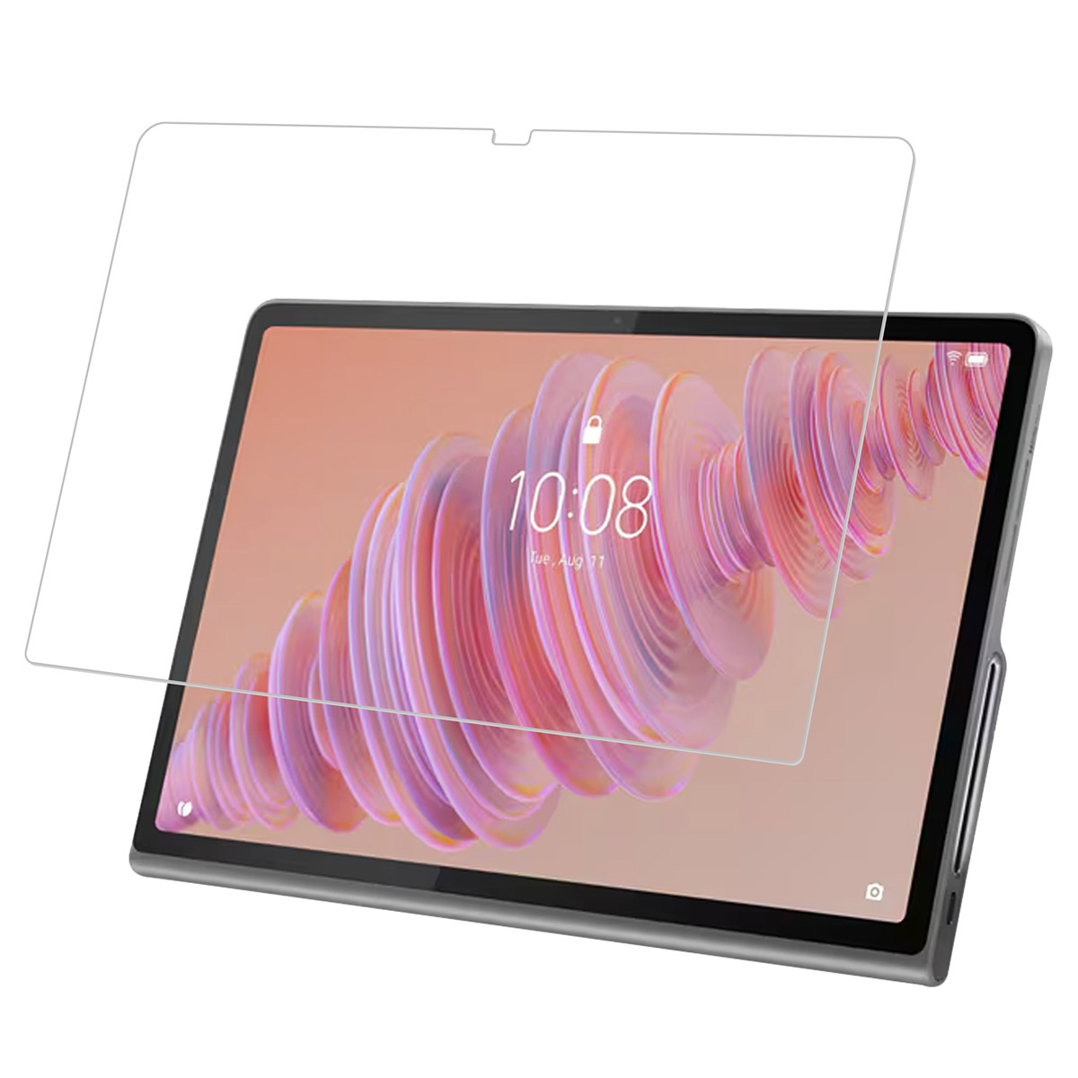 Tablet met schermbeschermer op een wit oppervlak. De tijd is 10:08.
