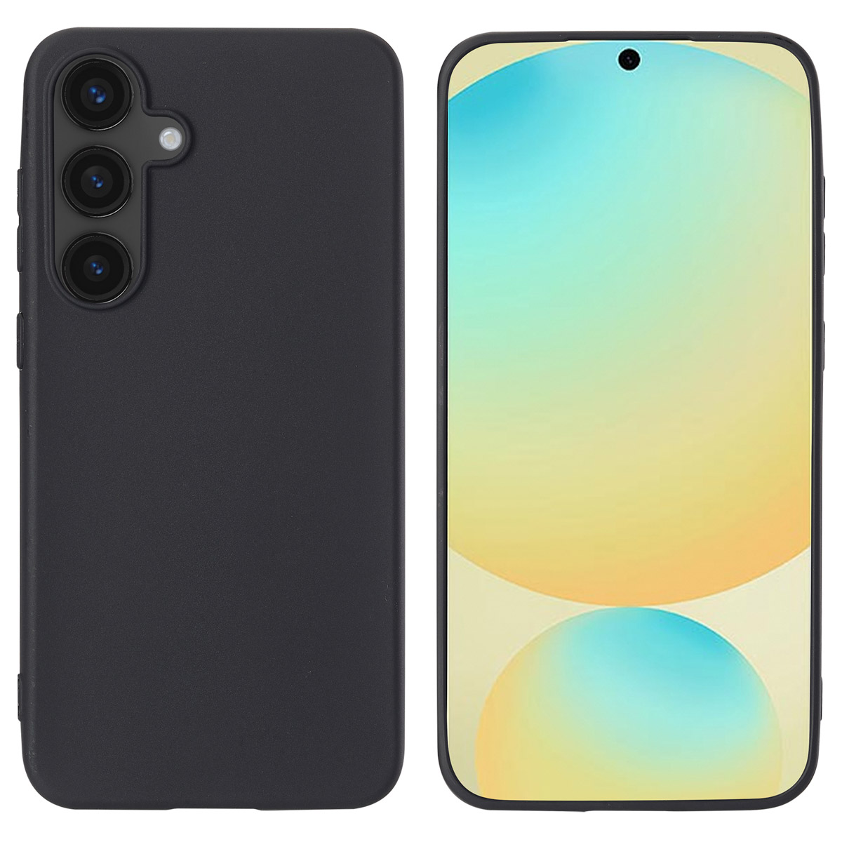 Twee smartphones, zwarte hoes links, scherm rechts. Het scherm toont een gele en oranje gradiënt.