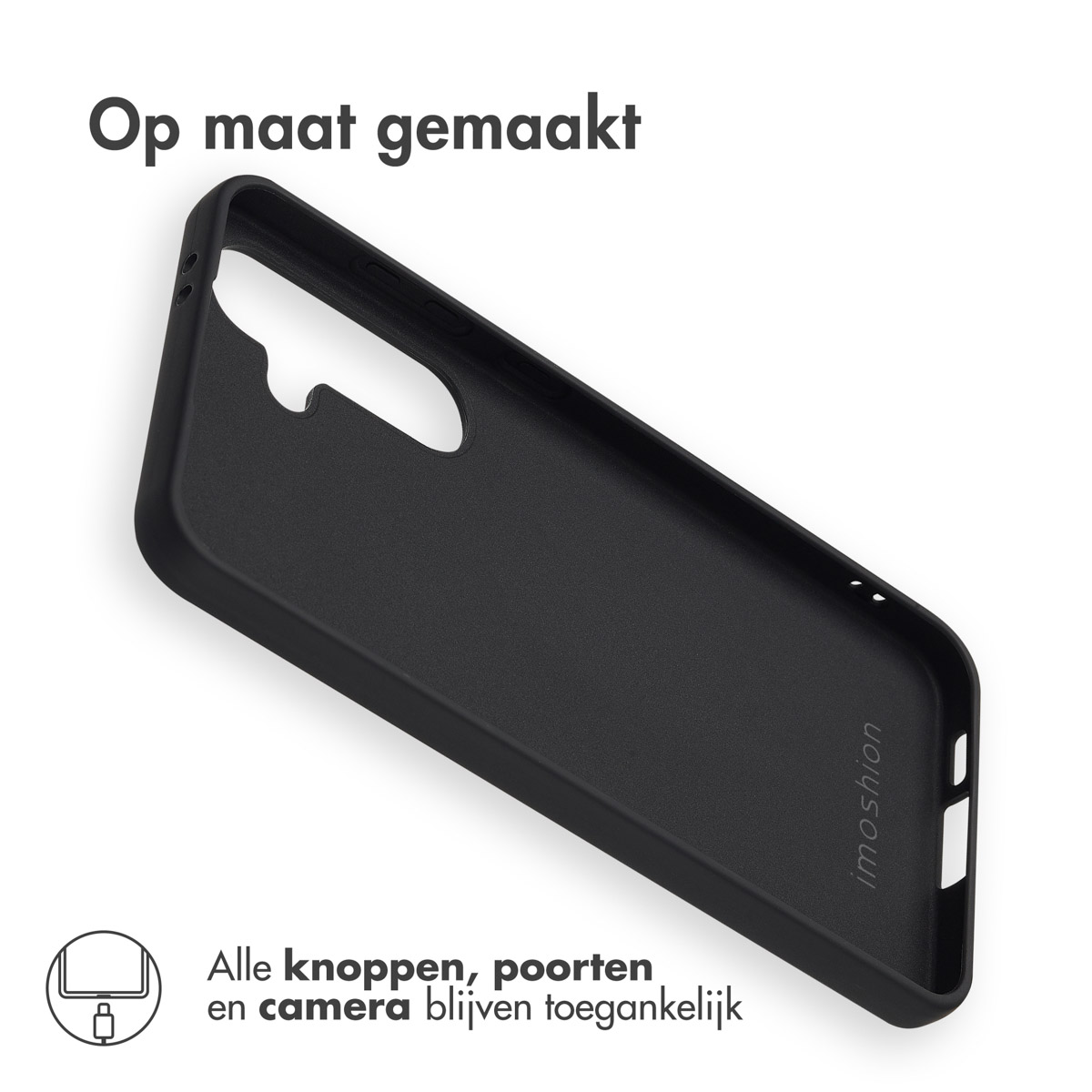 Zwarte telefoonhoes met tekst, ontworpen voor een telefoon, op een witte achtergrond.