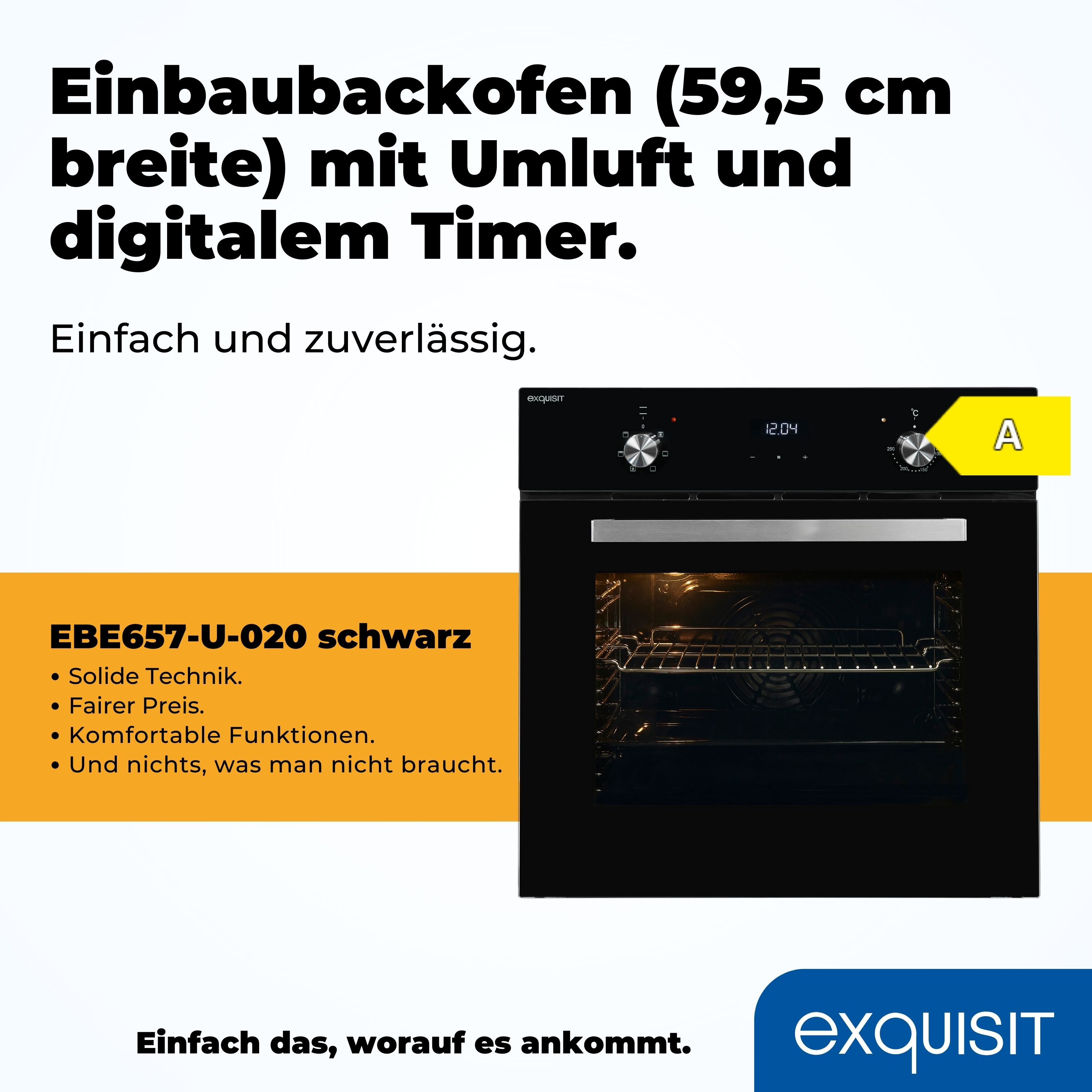Ein schwarzer Einbaubackofen mit Text auf Deutsch. Der Ofen steht vor weißem Hintergrund. Er hat einen digitalen Timer.