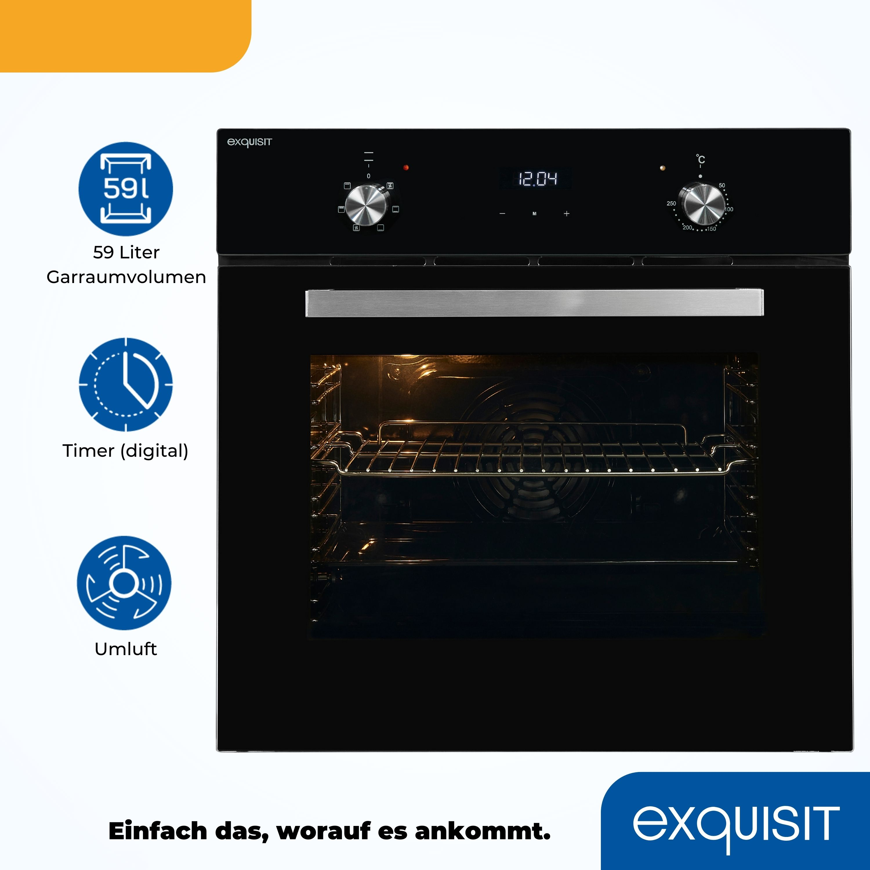 Ein schwarzer Einbaubackofen mit Bedienknöpfen und digitalem Timer, mit Symbolen und Text.