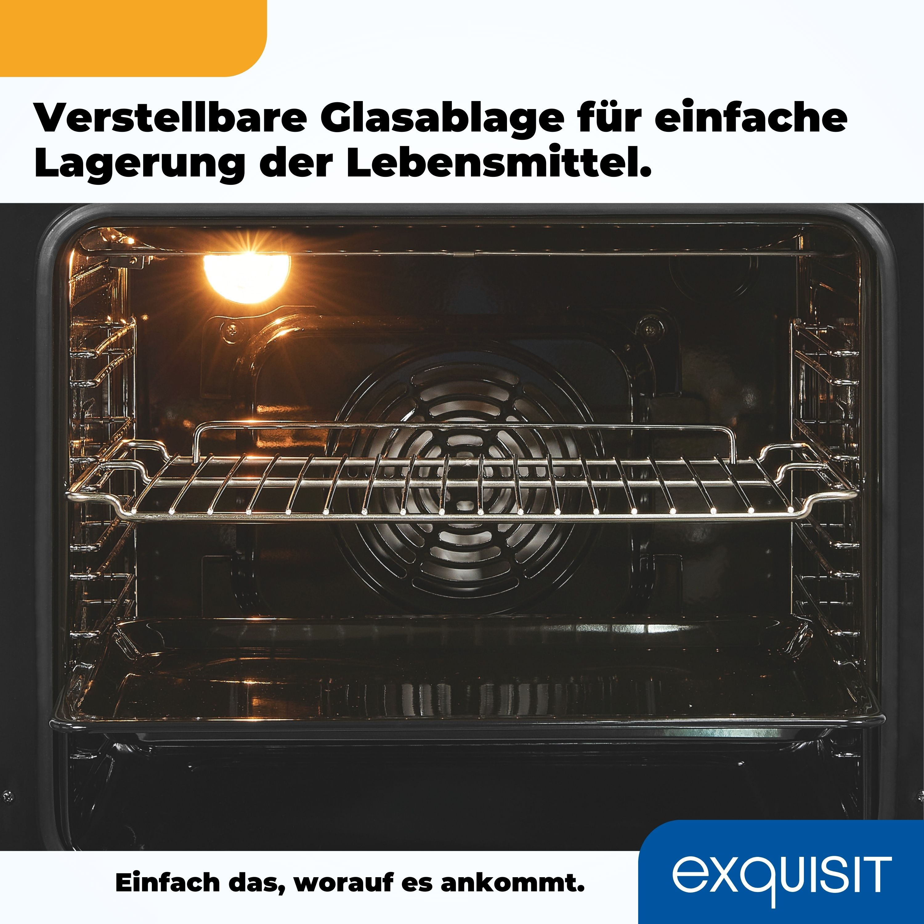 Backofeninnenraum mit Glasböden. Ein Licht ist an und beleuchtet das Innere des Ofens.