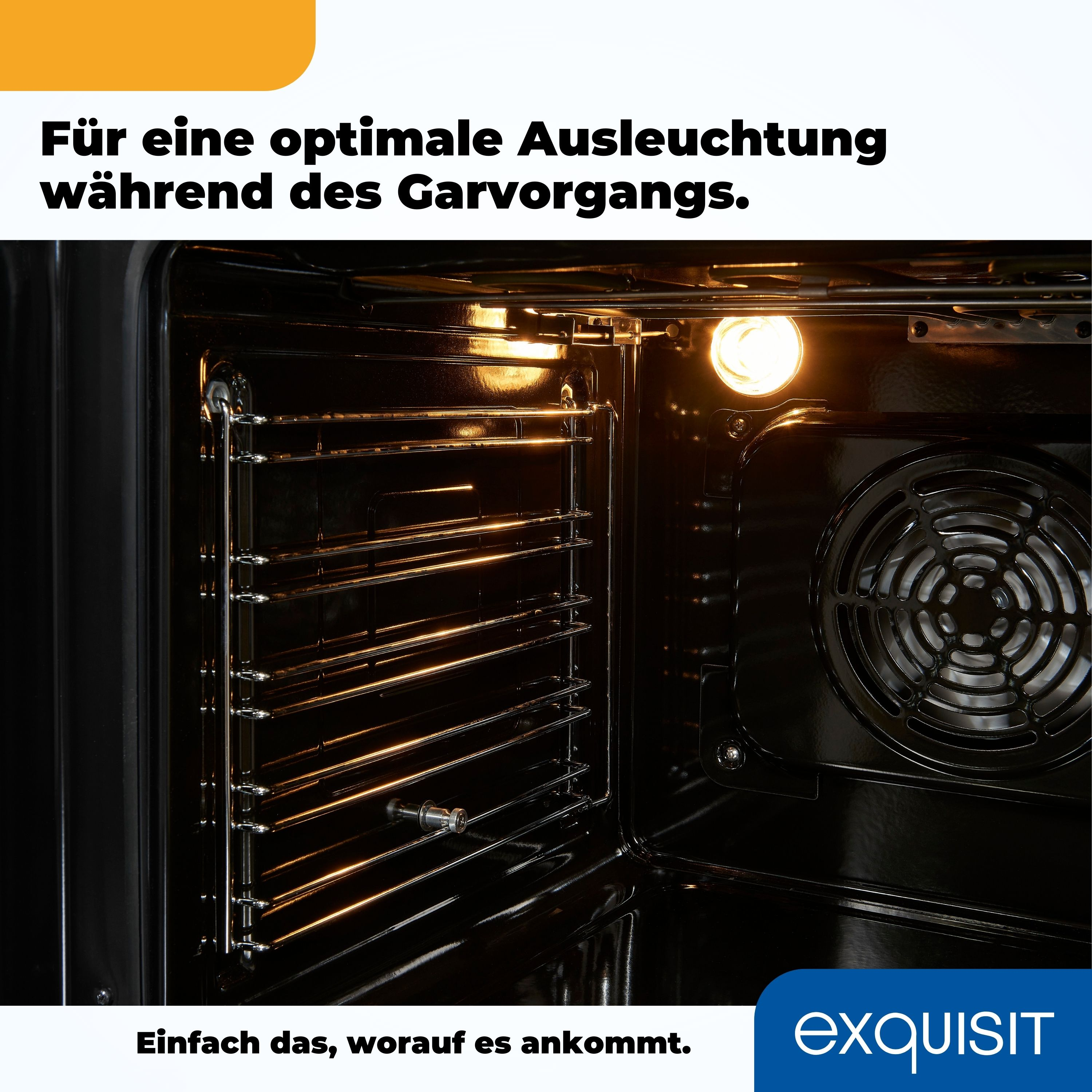 Backofeninnenraum mit Rosten und Licht. Der Ventilator ist im Hintergrund sichtbar.