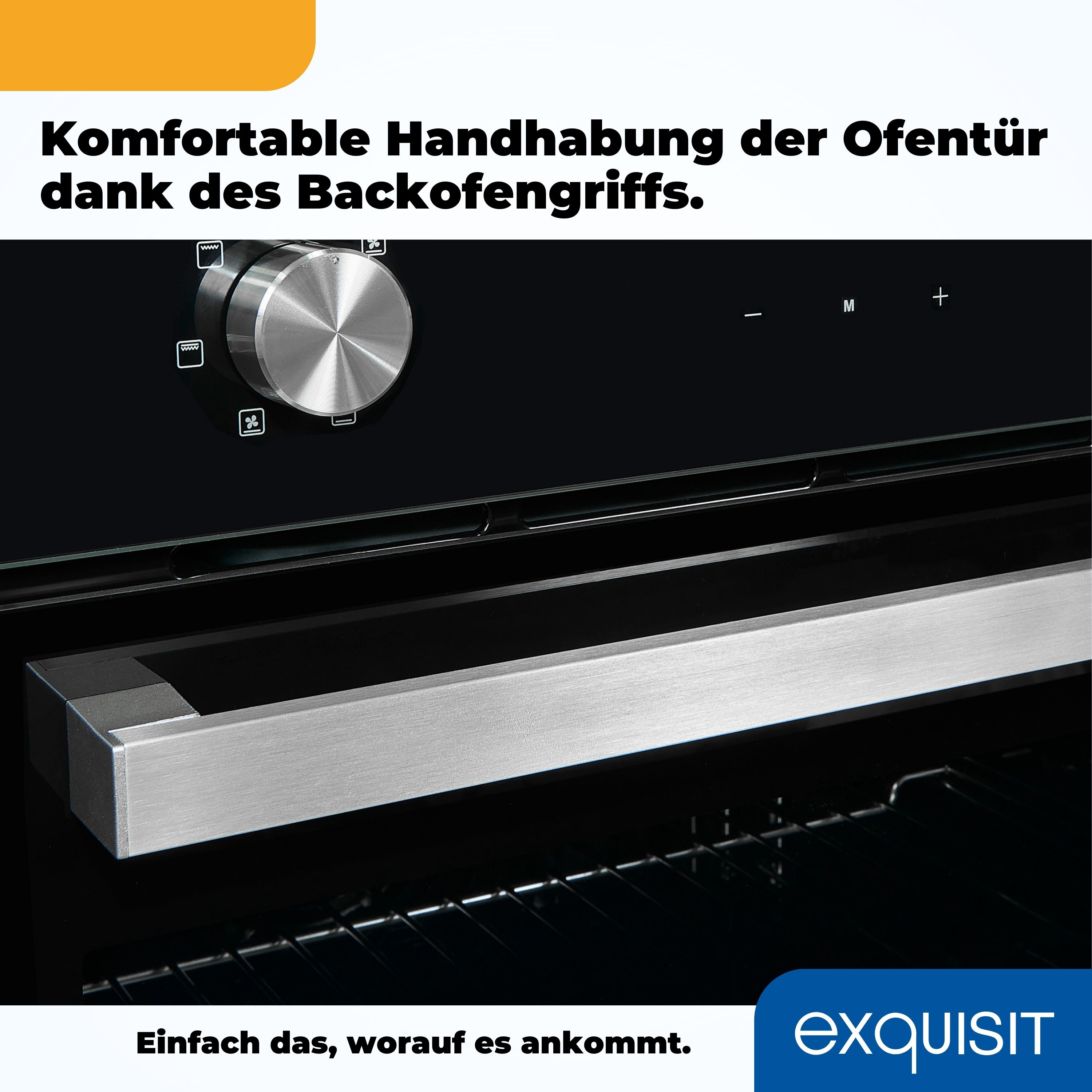 Nahaufnahme eines schwarzen Backofens mit Edelstahlgriff und Bedienknopf.