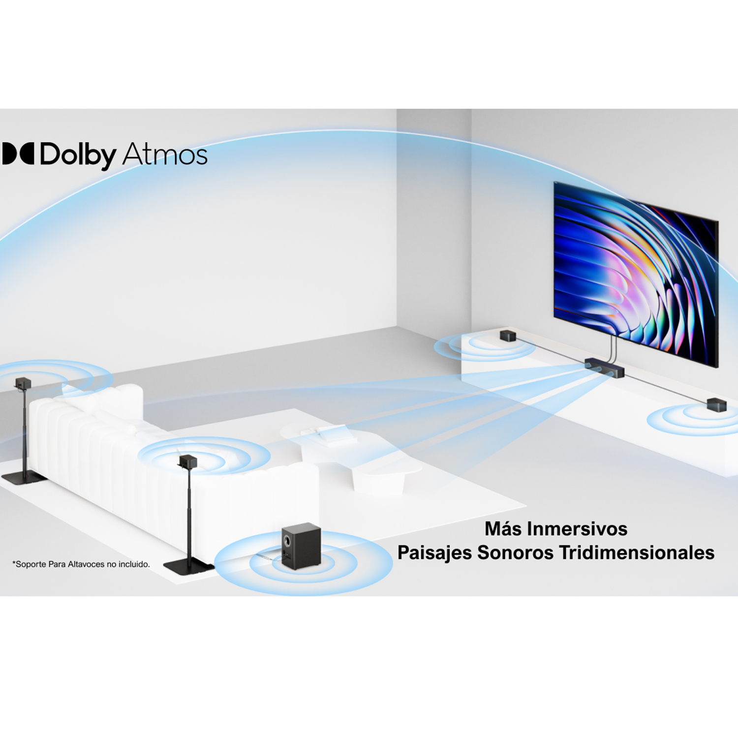 Una habitación con TV, altavoces y un sofá blanco con efecto de luz azul.