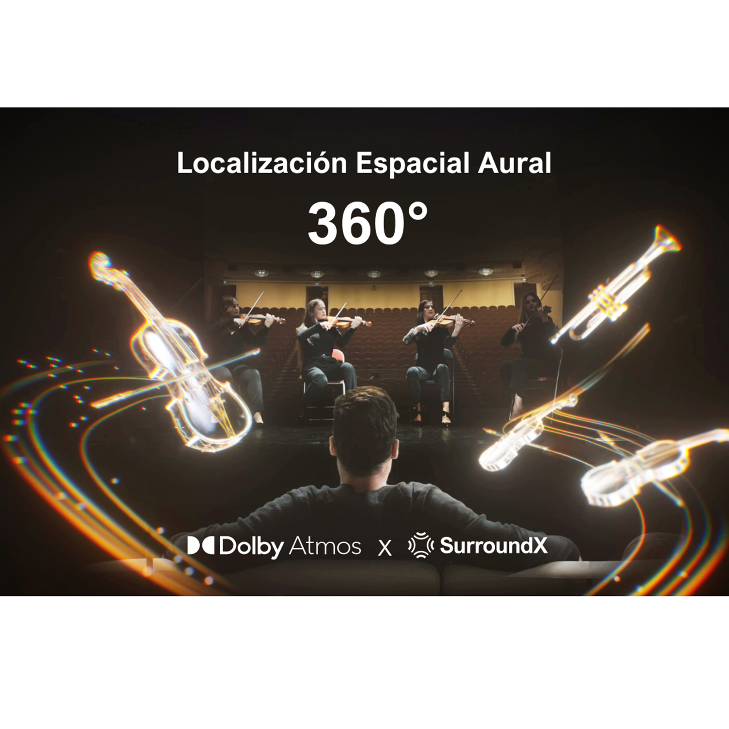Hombre sentado, mirando un escenario. Violines y trompetas holográficos flotan. Logos Dolby Atmos y SurroundX.