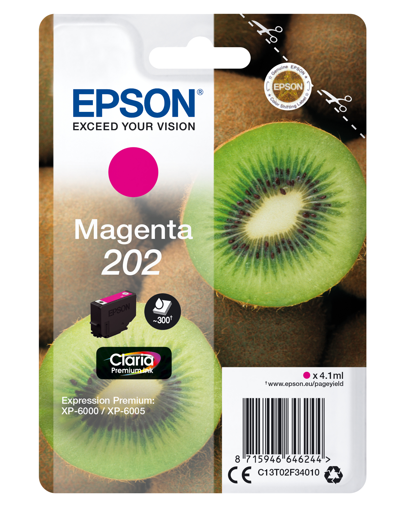 Cartouche d'encre Epson Magenta 202, avec un kiwi en arrière-plan.
