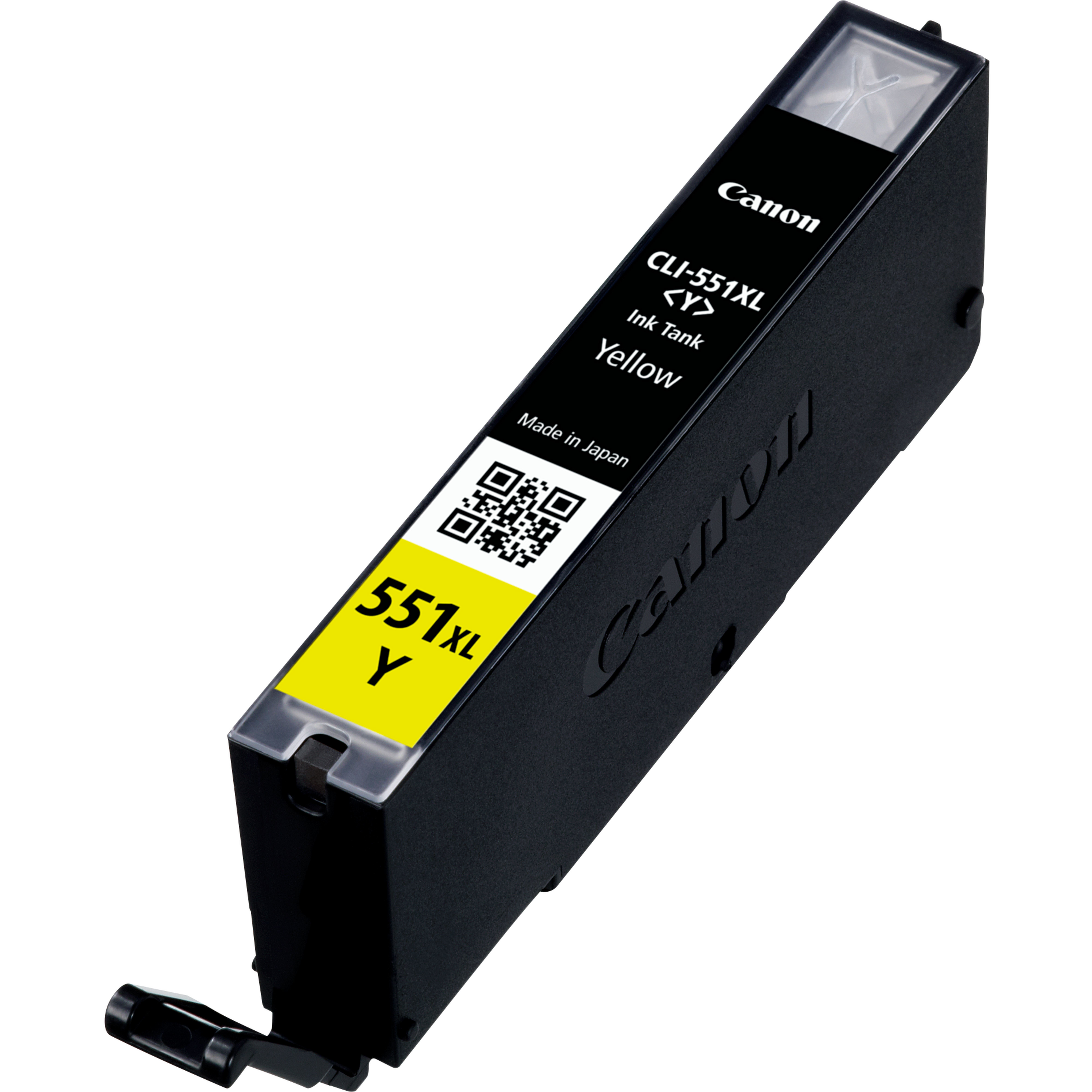 Canon inktcartridge, geel. Model CLI-551XL. Toont inktreservoir en productdetails.