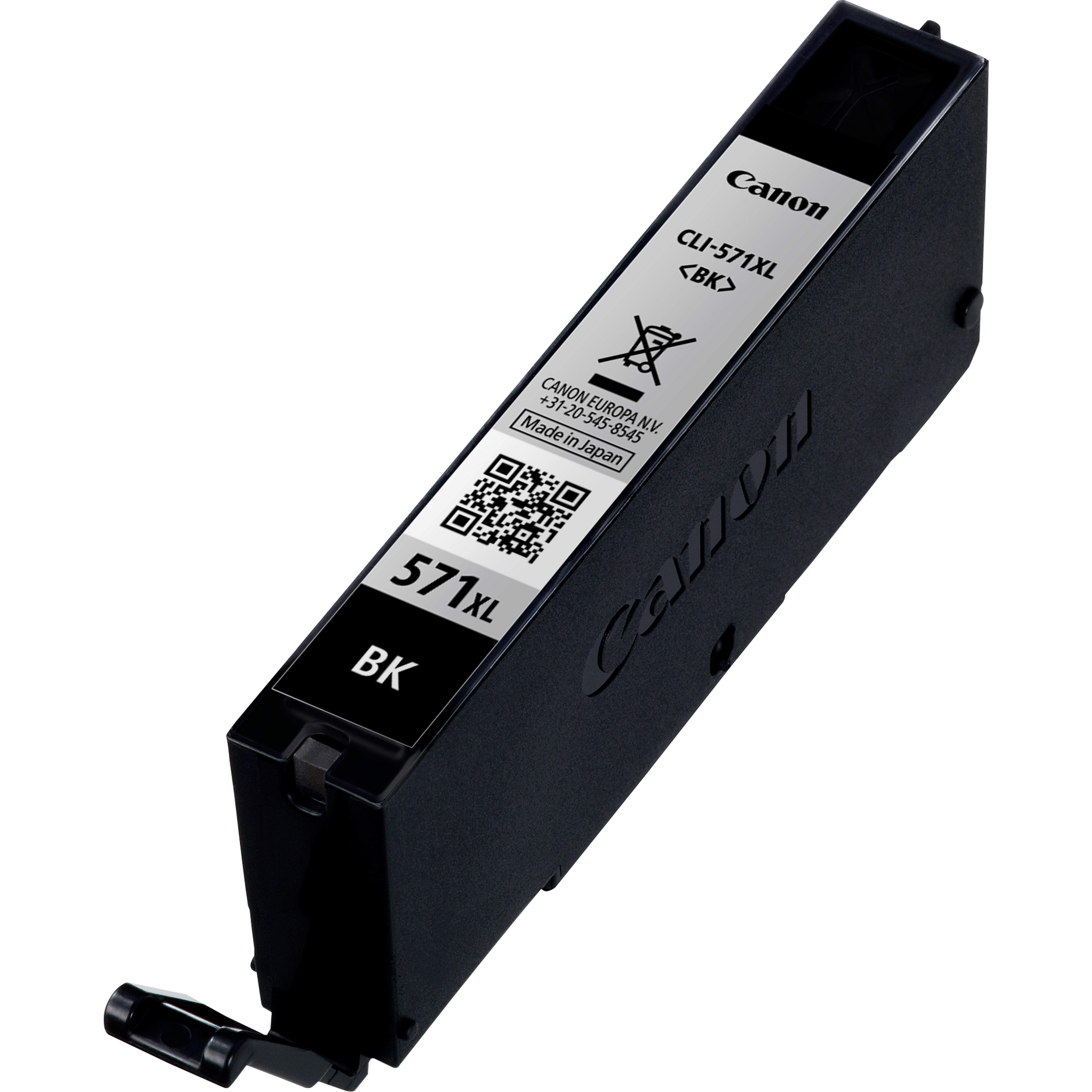 Een zwarte Canon inktcartridge, met label 571XL BK, met het Canon-logo.