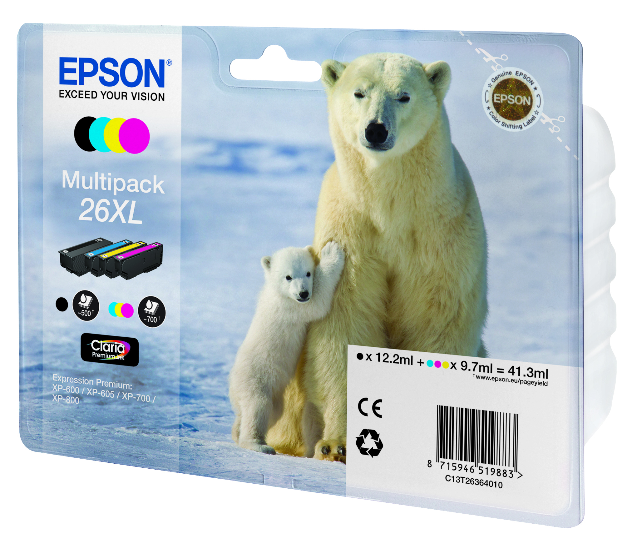 Un paquete de cartuchos de tinta Epson con un oso polar y su cachorro en el paquete, rodeados de nieve.